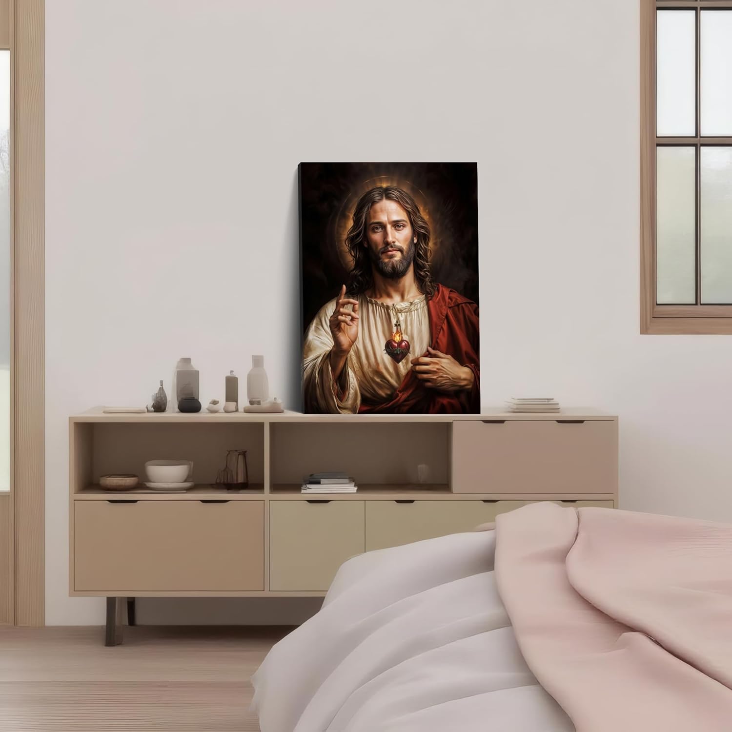 Framed Sacred Heart of Jesus Wall Art, Christian Divine Mercy Paintings Wall Decor, Christ Portrait Pictures Canvas Prints Catholic Religious Home Decor for Church Prayer Room Living Room 12X16 inch - Image 6