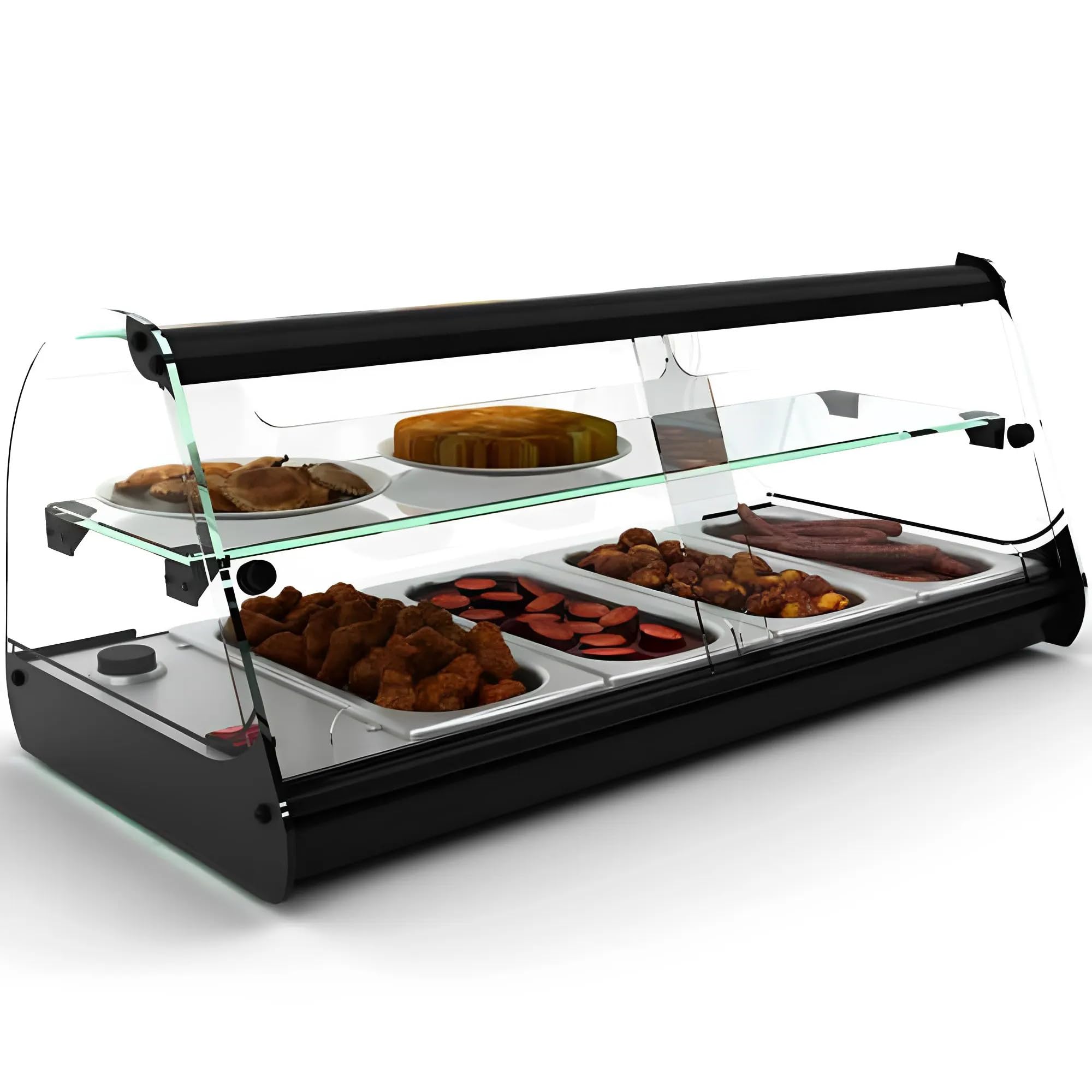 MBH - Vitrina calienta tapas 2 pisos 4 bandejas al baño maría para hostelería. Vitrina expositora de tapas calientes sobre mostrador con 1 estrante para bar y restaurante.
