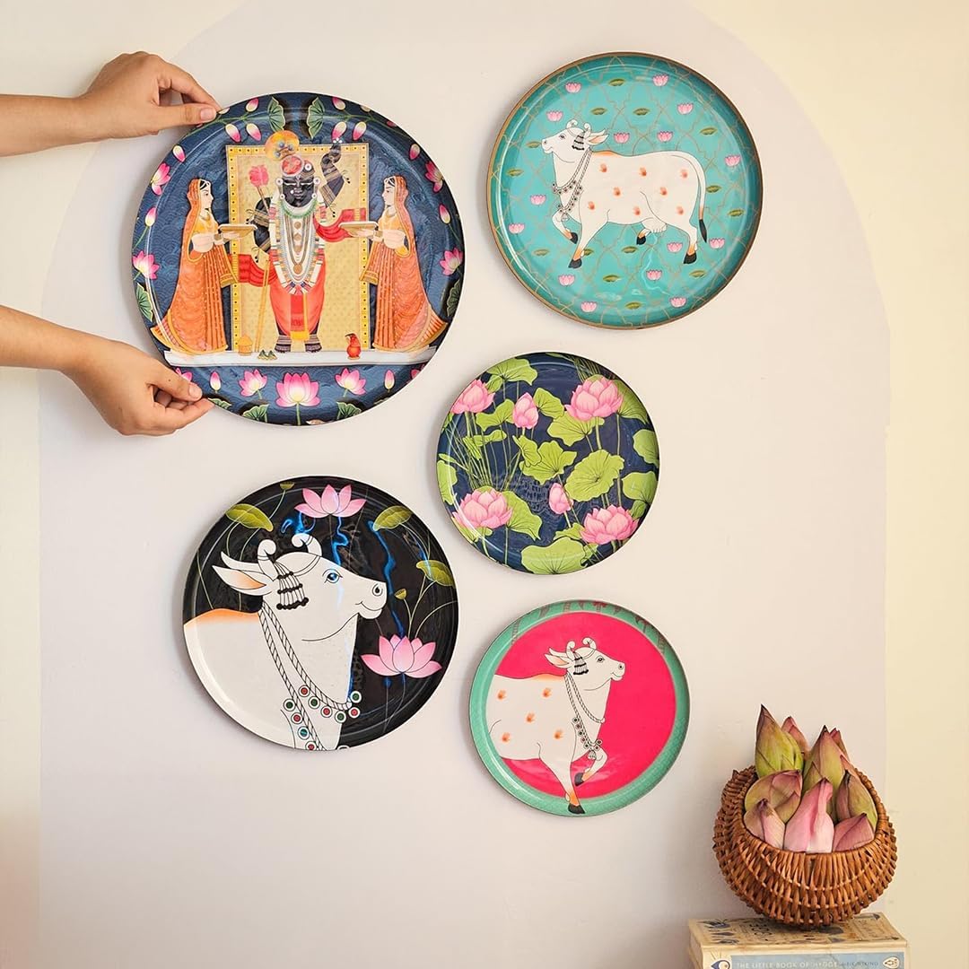 RITUALISTIC Pichwai Iron Wall Art Plates – Set of 5 Decorative Plates | Indian Wall Art for Home Decor | Wall Decor for Living Room & Bedroom | Handcrafted Metal Wall Hanging | Indian Decor Accent