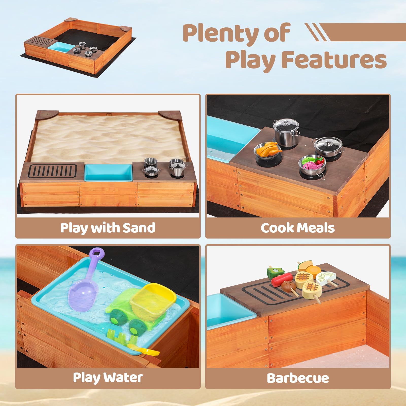 BRINJOY Kids Sandbox with Kitchen Playset, 2 in 1 Wood Sand Pit with Cover & Bottom Liner, Outdoor Toddler Sand Box with Corner Seats, Storage Bin, Sink & Cooking Accessories for Garden Beach Backyard