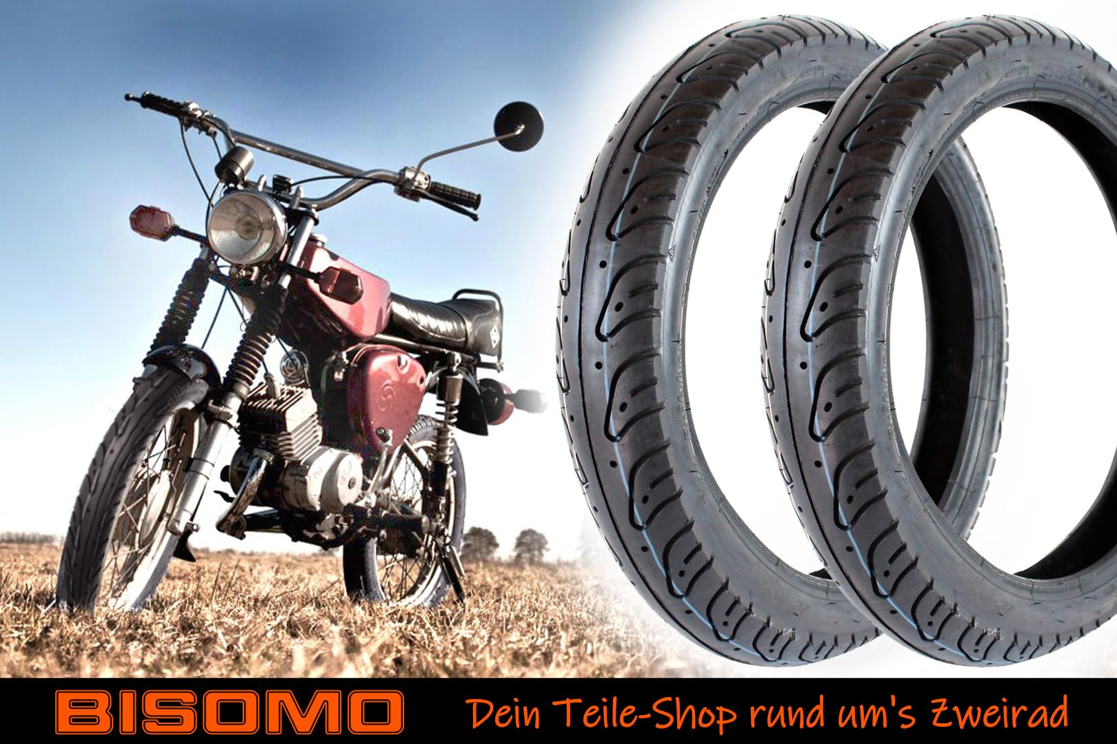 BISOMO 2 Reifen 2,75 x 16 Zoll Vee Rubber VRM-100 Straßenprofil, 46L für Simson S50, S51, S70, S53, KR51, SR4-2, SR4-3, SR4-4 Moped