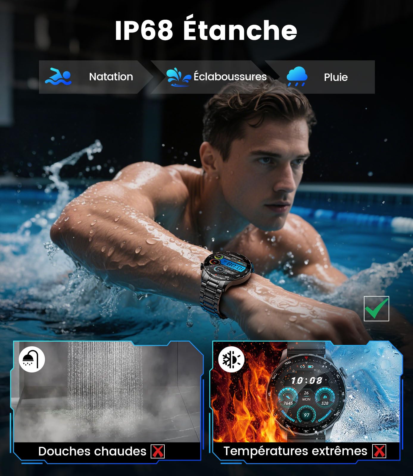 Montre Connectée Homme SML21, Écran AMOLED 1,43" HD, Appels Bluetooth, Autonomie 15 Jours, Notifications Intelligentes, Étanche, Compatible iOS et Android – Noir Profond