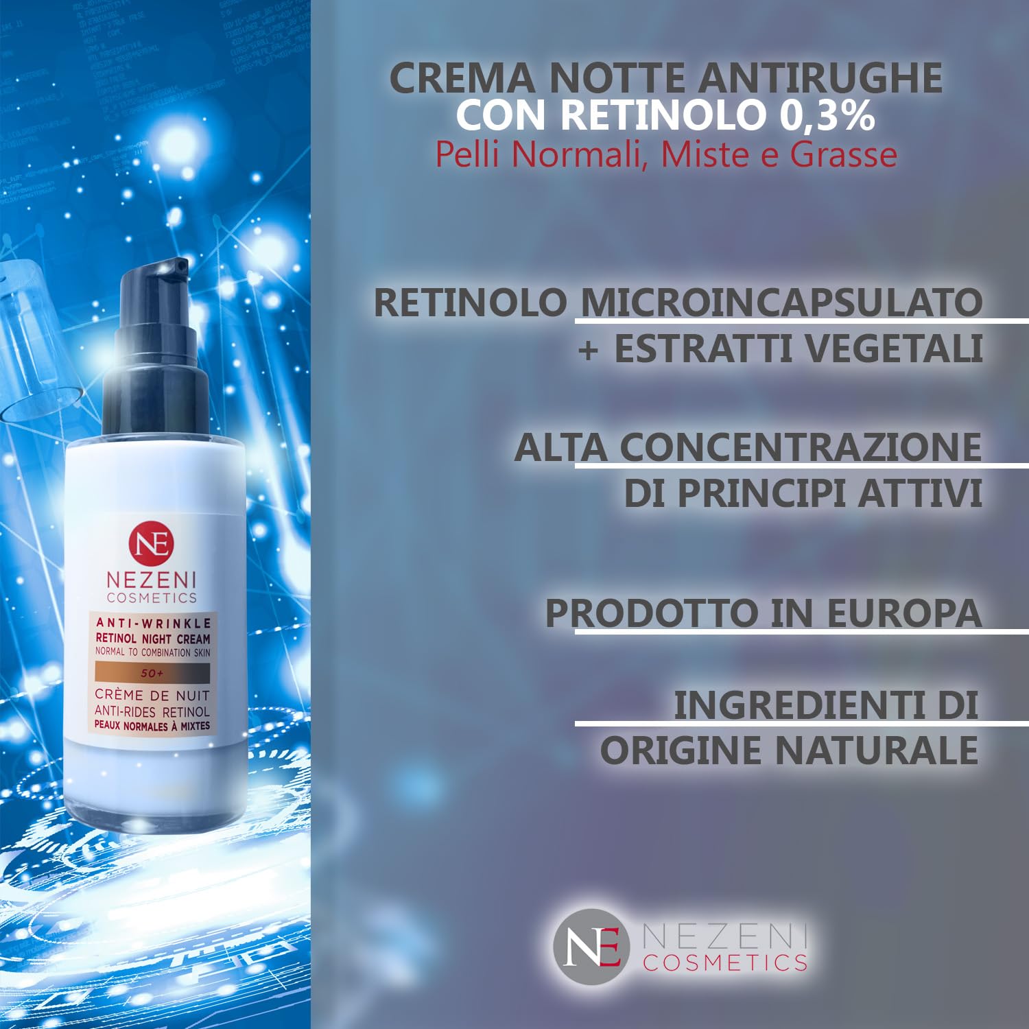 Nezeni Crema Notte 0,3% RETINOLO PURO Antirughe Donna/Uomo 27 Ativi | Riempitivo per Rughe Profonde con Acido Ialuronico | Crema Rassodante Viso, Collo e Décolleté | Pelle Normale, Grassa e Mista