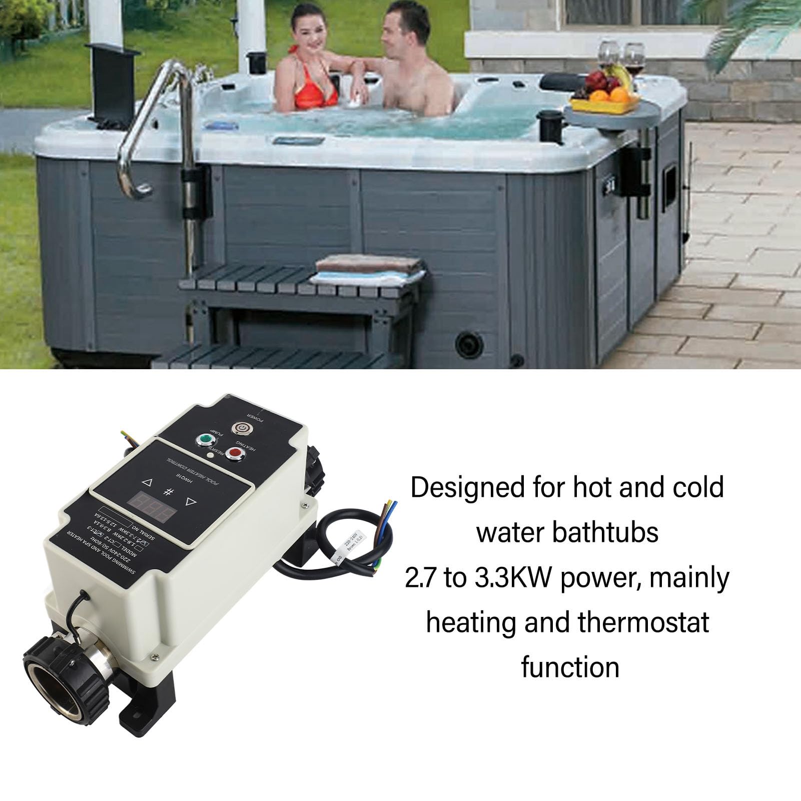 Alomejor Calentador de Piscina Eléctrico con Potente Capacidad de Calefacción para Bañera de Hidromasaje, Termostato de 2,7 a 3,3 KW, Acero Inoxidable, 220-240V