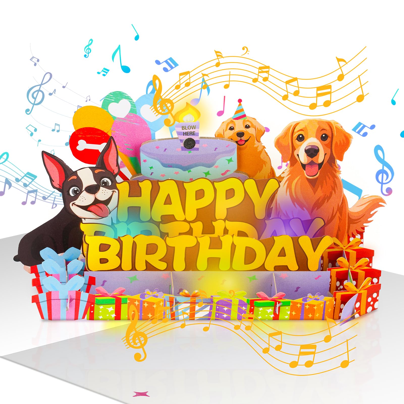 Turypaty Hunde-Geburtstagskarten, Pop-Up-3D-Kuchen, Musik und ausblasendes Kerzenlicht, Hundeliebhaber-Grußkarte, lustige niedliche Welpen-Geburtstagskarte, Geschenke für Männer, Frauen, Jungen