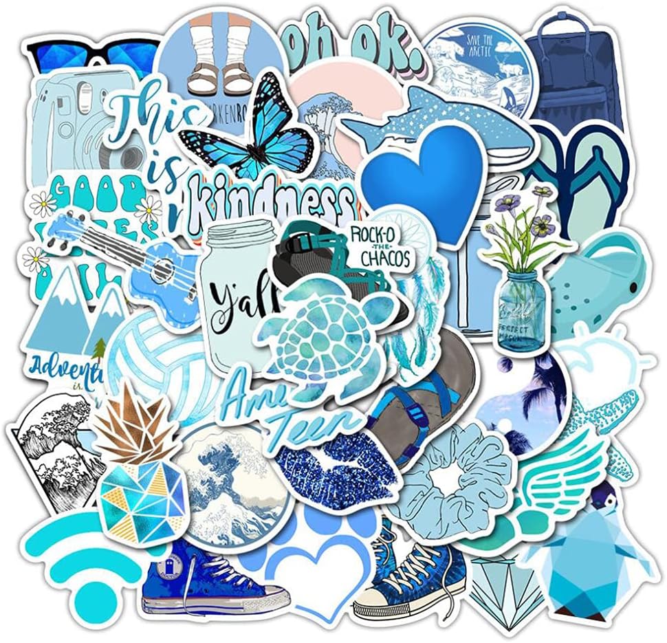 Girl's Blue Aesthetic Stickers - Waterproof Cute Stickers 50 PCS for Water Bottle, Laptop, Phone - Teens & Kids