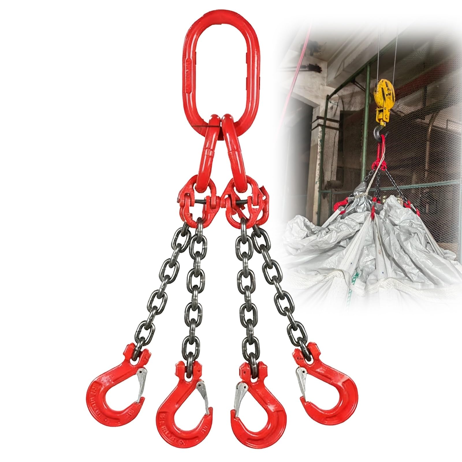ZJKXJH 4 Leg Chain Sling with Safety Hooks, Heavy Duty 4 Ton Lifting Sling Chain for Construction Dock Farm Vehicle Engine Cargo Lifting, Rigging Chain(6.6ft/2m)