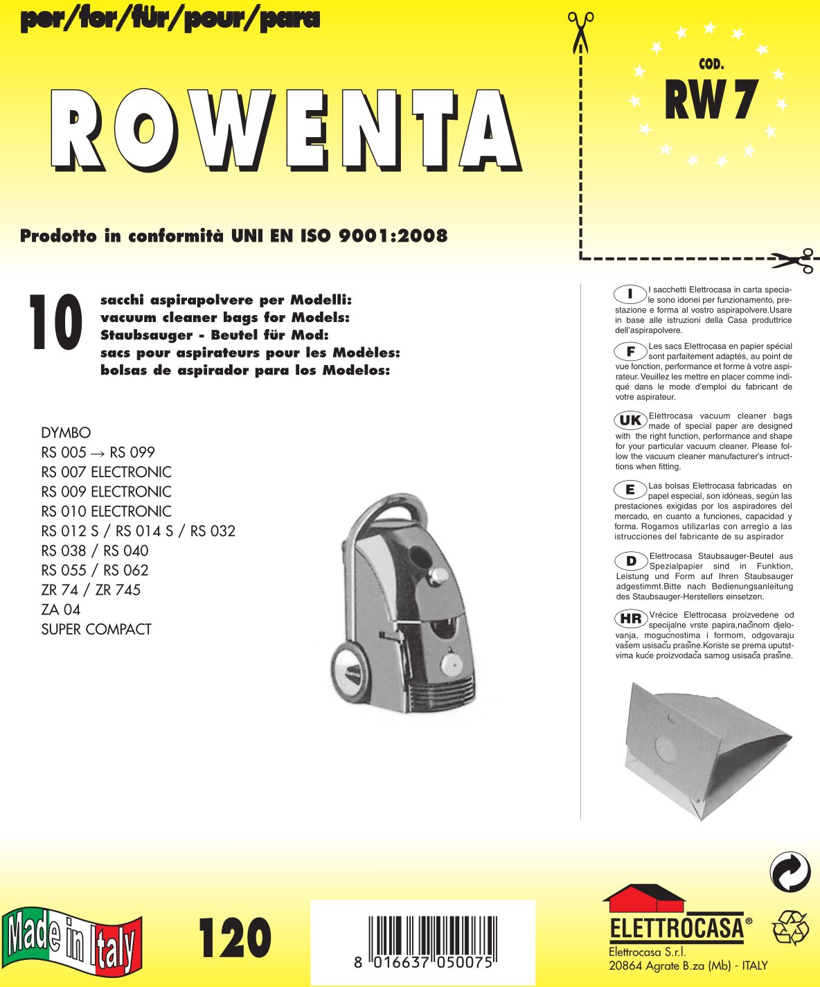 10 Sacchetti Per Aspirapolvere In Microfibra - Compatibili Con Rowenta Tonixo RS700-799, RS710, RS723, RS727, RS730, RS740, RS741, E Swirl R29