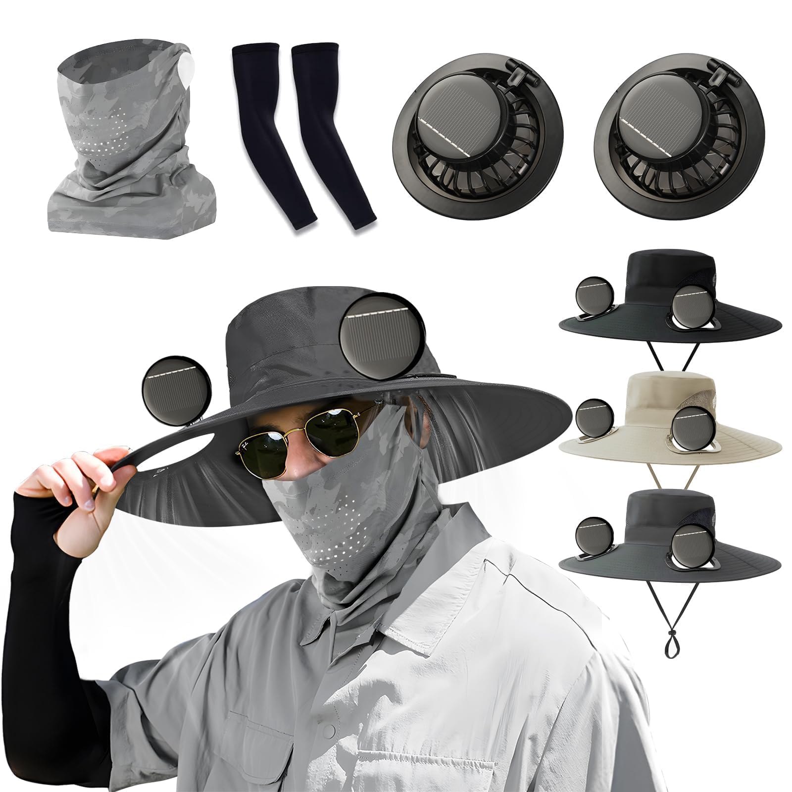 Cappello a ventaglio ad energia solare, 2025, cappello da sole a tesa larga con 2 ventole a energia solare per adulti, protezione dai raggi UV estivi, cappello da pesca