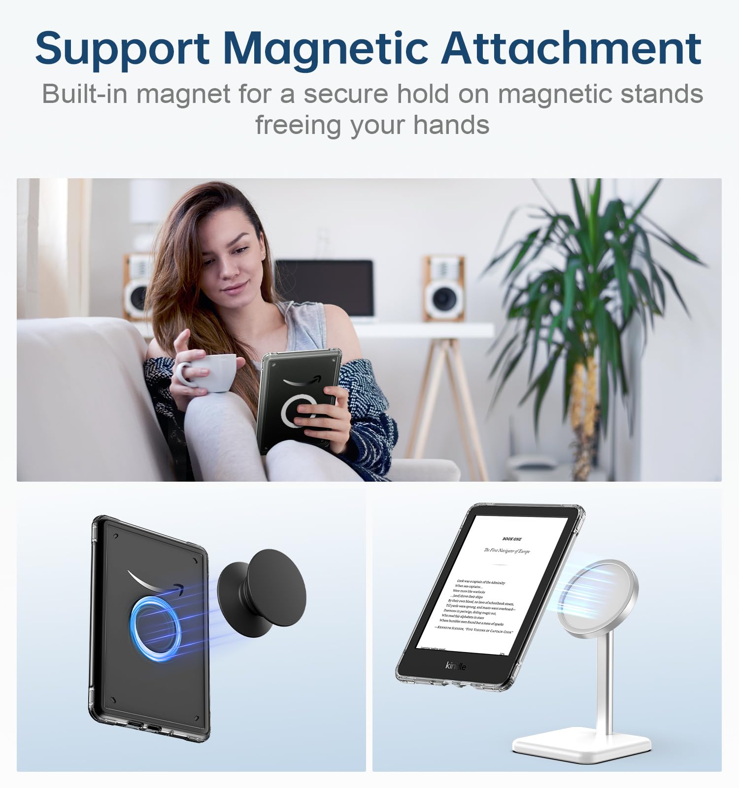 MoKo Custodia Girevole a 360° per Kindle da 6" (11a Generazione-2024/2022), Retro Trasparente Cover Protettiva Magnetica Staccabile con Supporto Auto Sueño/Estela, Nero - 5