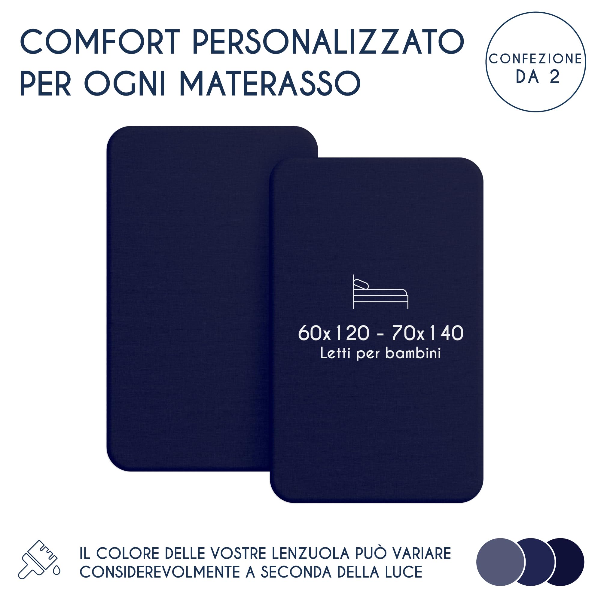 Dreamzie - Set 2 Lenzuolo con Angoli Cotone Bambini - 60x120/ 70x140 - Oeko Tex certificato - Blu Scuro - Lenzuolo con Angoli 60x120/ 70x140