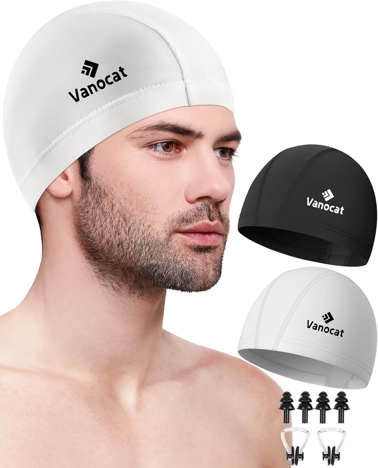 2 Pack Lycra Swim Caps for Women Men, High Elasticity Spandex Fabric Swimming Caps for Long/Short Hair, Comfortable Swim Hats with Ear Plugs & Nose Clip-3 : Sports & Outdoors