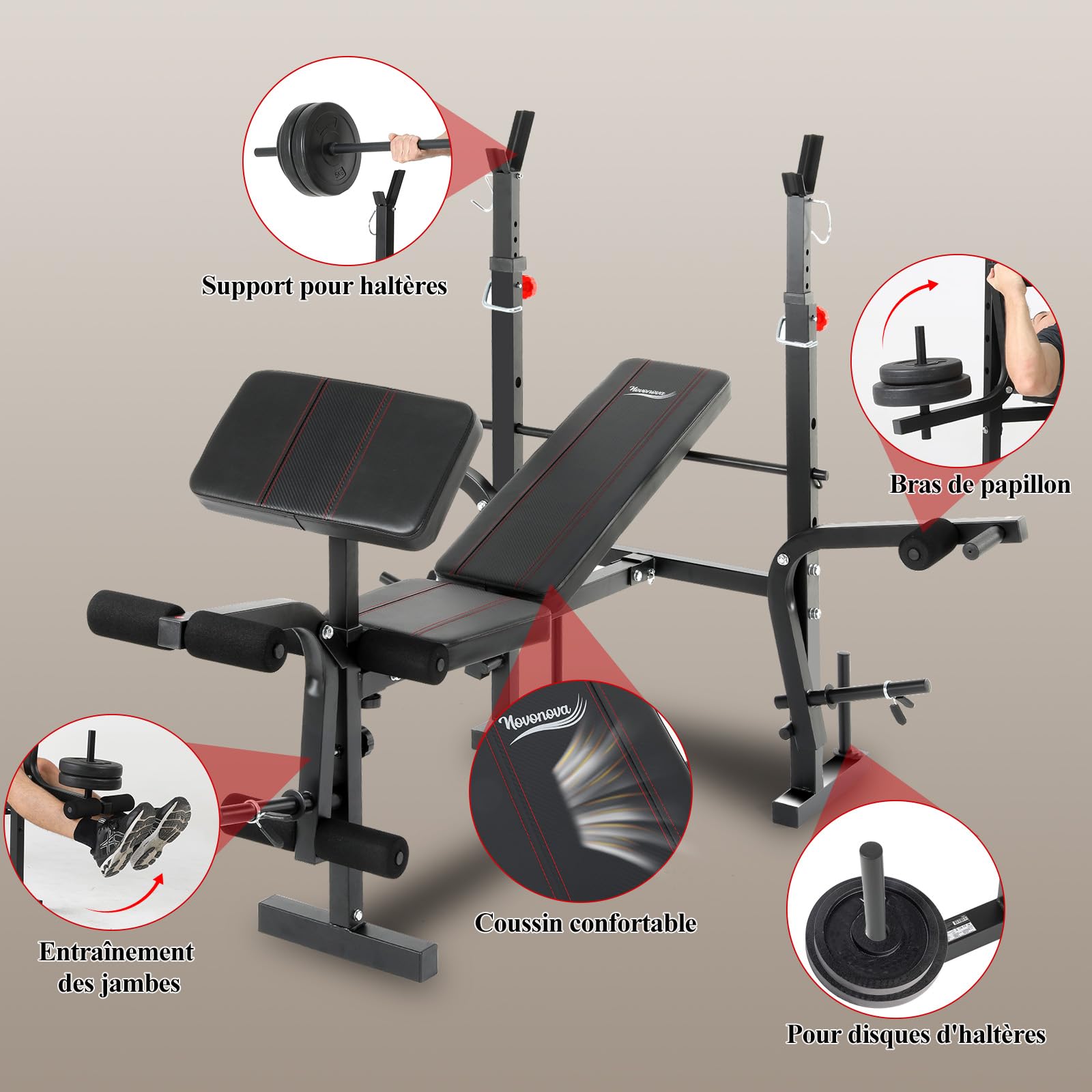 Banc de Musculation Complet Multifonction avec Dossier Réglable, Repose-Jambes et Support de Poids, Banc Musculation Pliable&Inclinable/Bancs Developper Coucher, Bancs de Biceps/de Curl