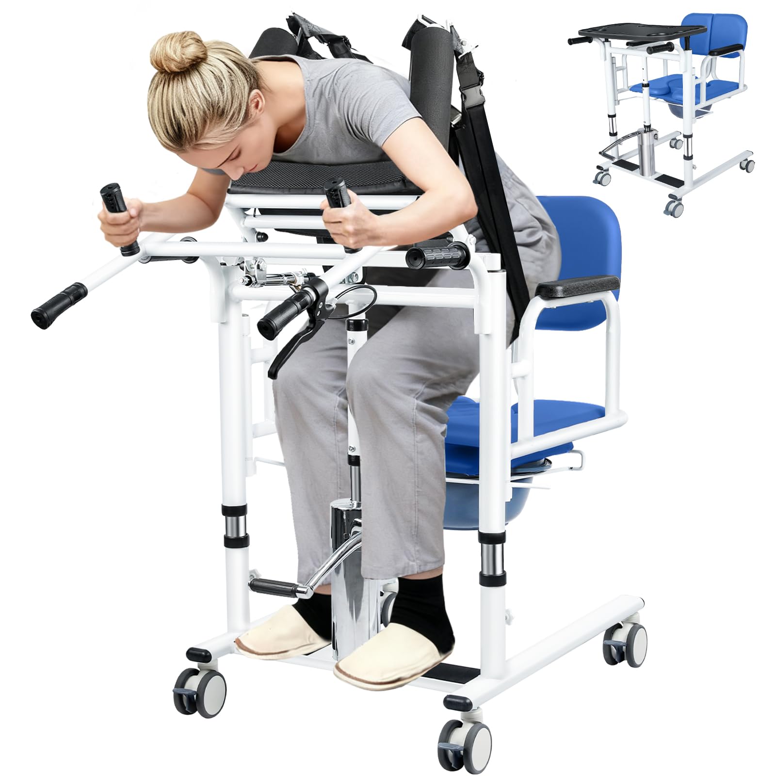 6 in 1 Patient Lift Transfer Chair for Elderly and Home, Portable Adjustable Height Footrest Hydraulic Lift Nursing Wheelchair 180° Split PU Leather and Thickened Sponge Seat, 440lbs, Blue