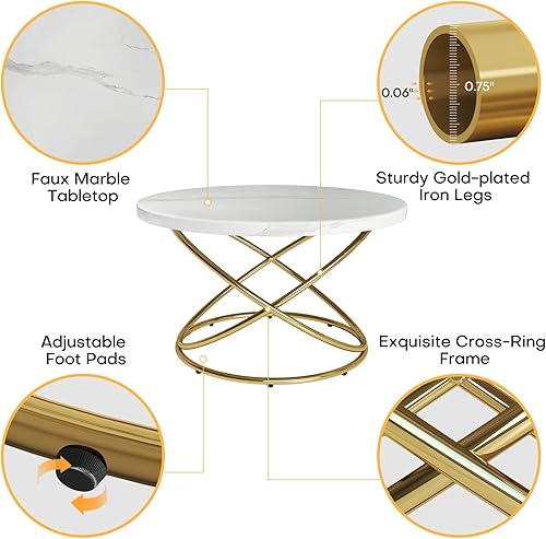 Miniatura 4 de BECHAEO Mesa auxiliar redonda para sala de estar, 31.5 pulgadas, exquisitas mesas de café de mármol sintético con marco dorado, mesa central moderna