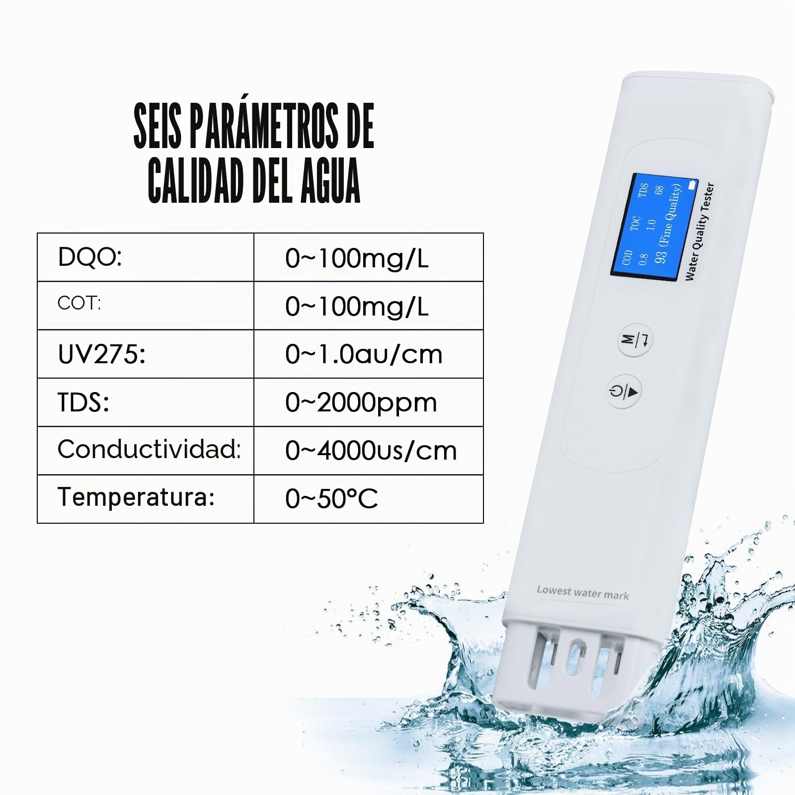 Probador de calidad del agua para agua potable, medidor TDS portátil 6 en 1 TOC, COD, EC, UV275, Temp&TDS, probador digital de calidad de agua potable para el hogar, RV, senderismo, camping, viajes,