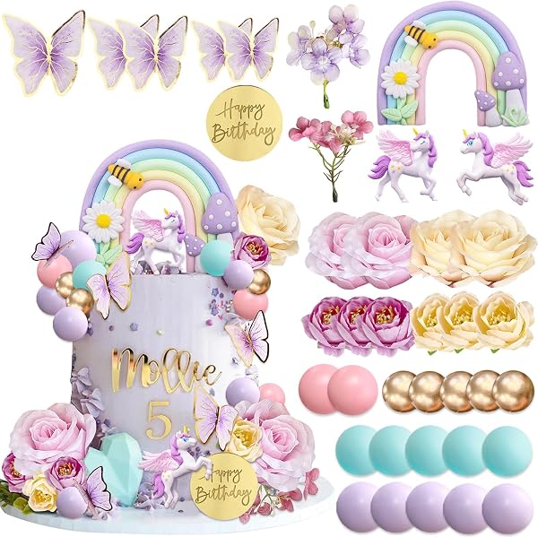 Gâteau Décoration Licorne, 38 Pièces Licorne Cake Topper Set avec 3D Licorne Figurines, Arc En Ciel, Boule, Fleur et Papillons, Topper de Gâteau, Licornes Décoration Gâteau Anniversaire Fille - 1