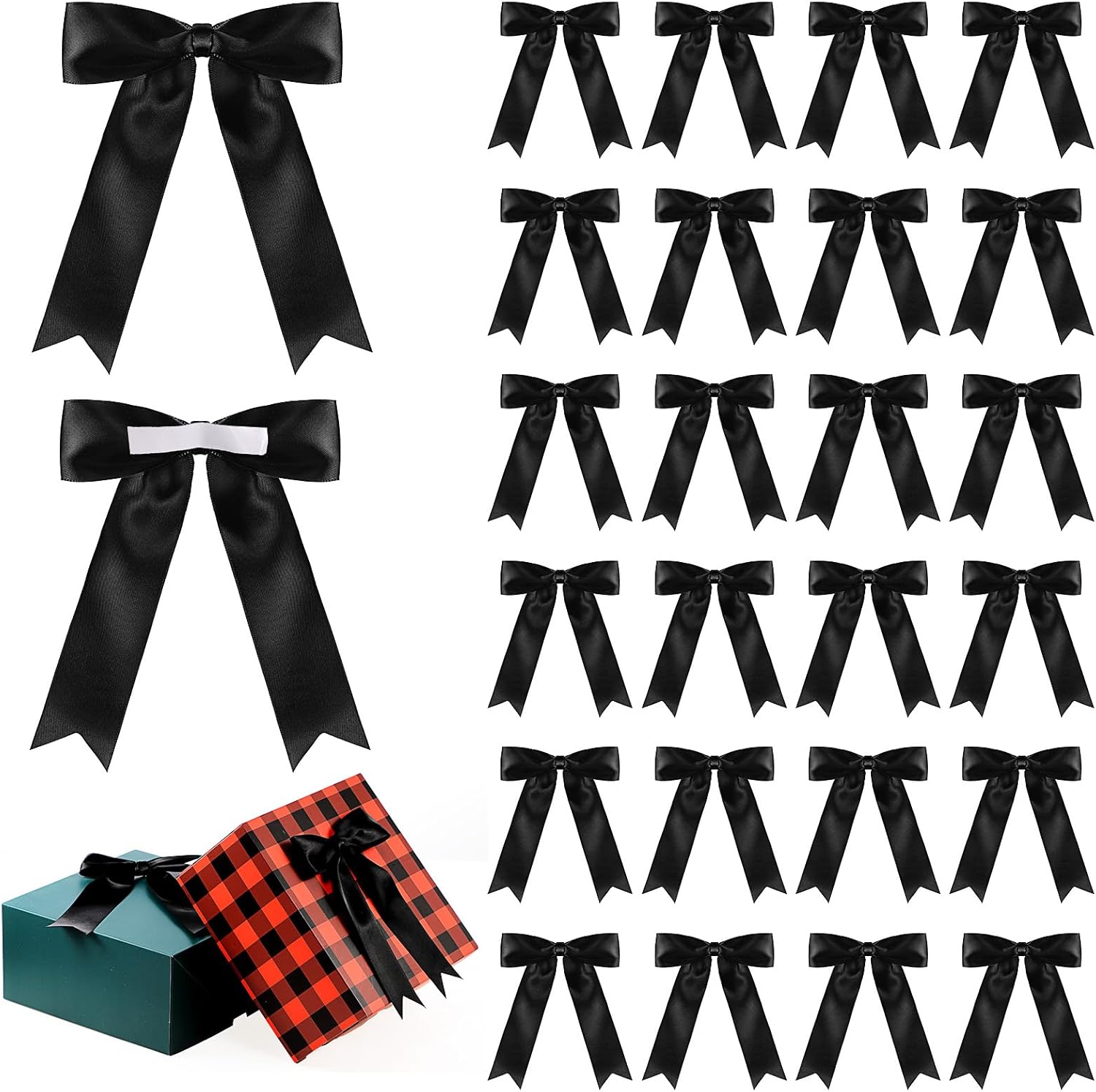 Riceshoot 24 Pcs Satin Ribbon Bows 5x7'' Self Adhesive Stick on Premade Satin Bows with Double Sided Tape for Gift Wrapping Crafts Wedding Valentine Birthday Balloons(Black)