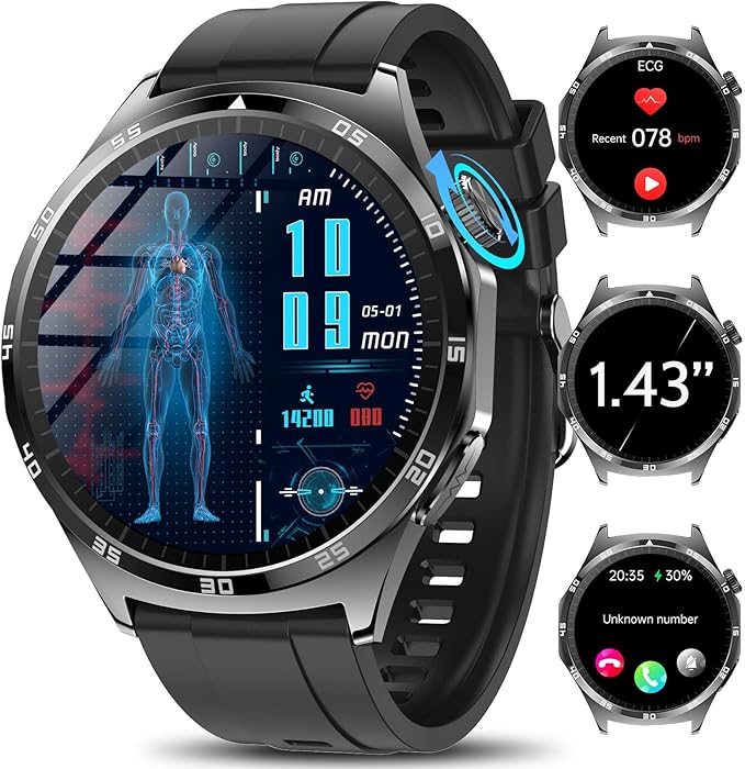 Reloj Inteligente Hombre con ECG/Ácido Úrico/Lípidos, 1,43" AMOLED Smartwatch con BMI/Fatiga/Emociones, 24/7 Presión Arterial, Temperatura Corporal, SpO2, Sueño Salud Reloj para Android iOS