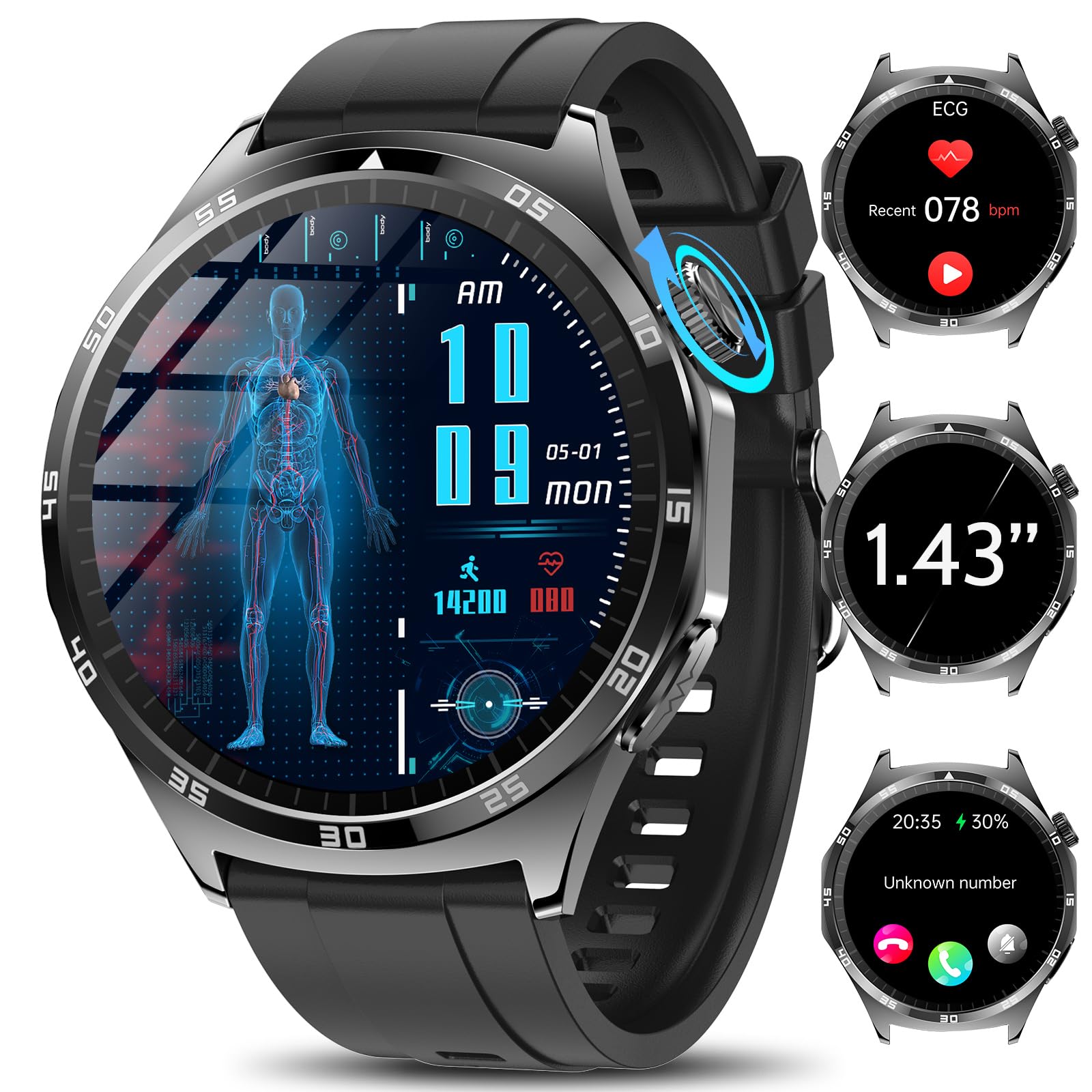 Men's Smart Watch with ECG/Uric Acid/Lipids, 1.43" AMOLED Smartwatch with BMI/Fatigue/Emotions, 24/7 Blood Pressure, Body Temperature, SpO2, Sleep Health Watch for Android iOS