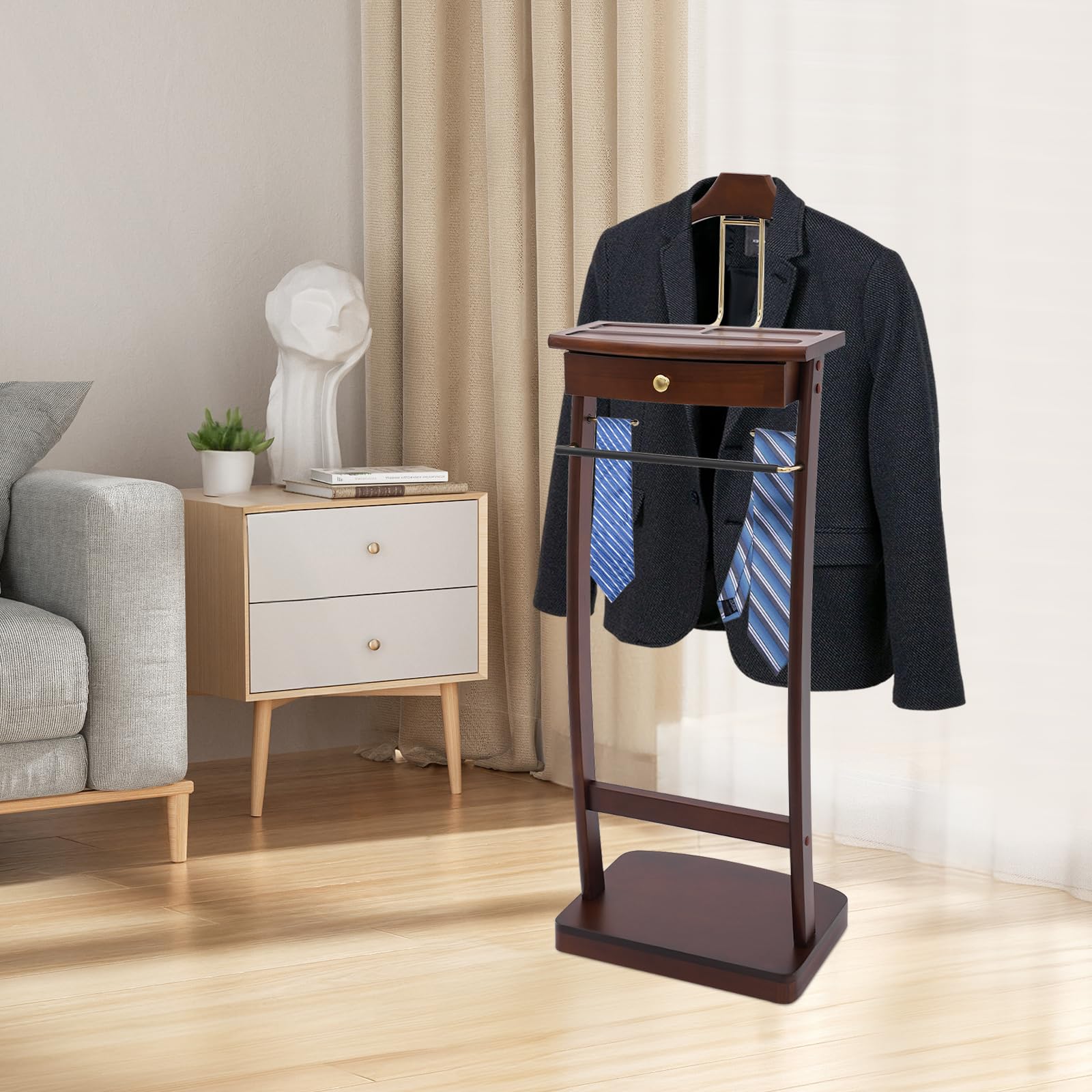 Pinelicorn Freestanding Wood Mens Valet Stand with Drawer, Clothes Butler with Base, Suit Hanger Rack for Office Living Room Bedroom