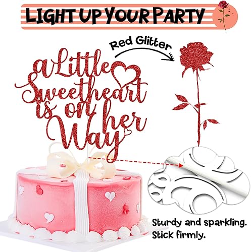 Miniatura 6 de Decoración para tartas con purpurina de oro rosa con texto en inglés "A Little Sweetheart is on Her Way", "Our Little SweetheartOh BabySweet Baby