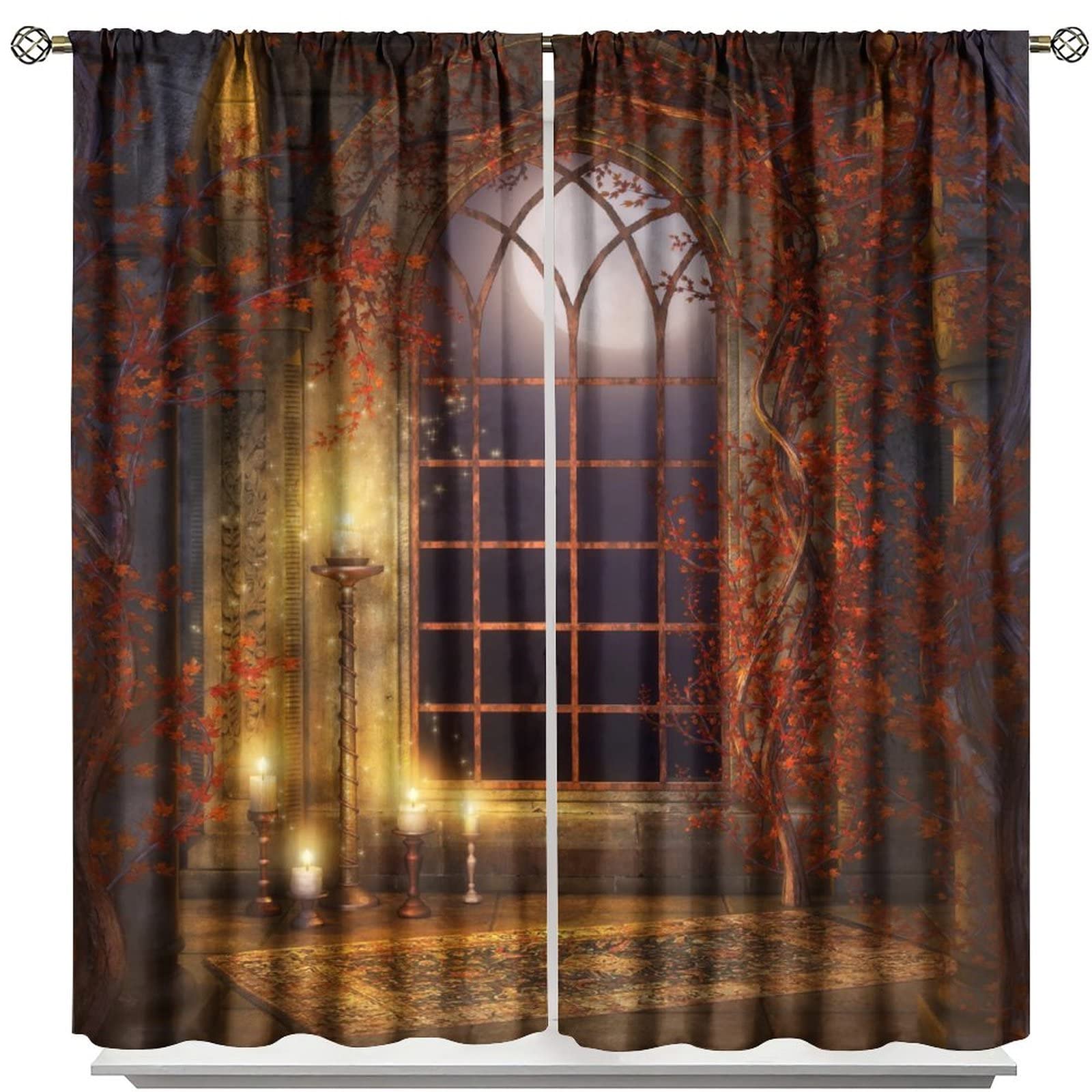 Gothic Curtains,Romantic Autumn Maple Vine Medieval Castle Arch Vintage Theme Rod Sleeves Window Drapes for Living Room Bedroom Bathroom Decor W63xL72in