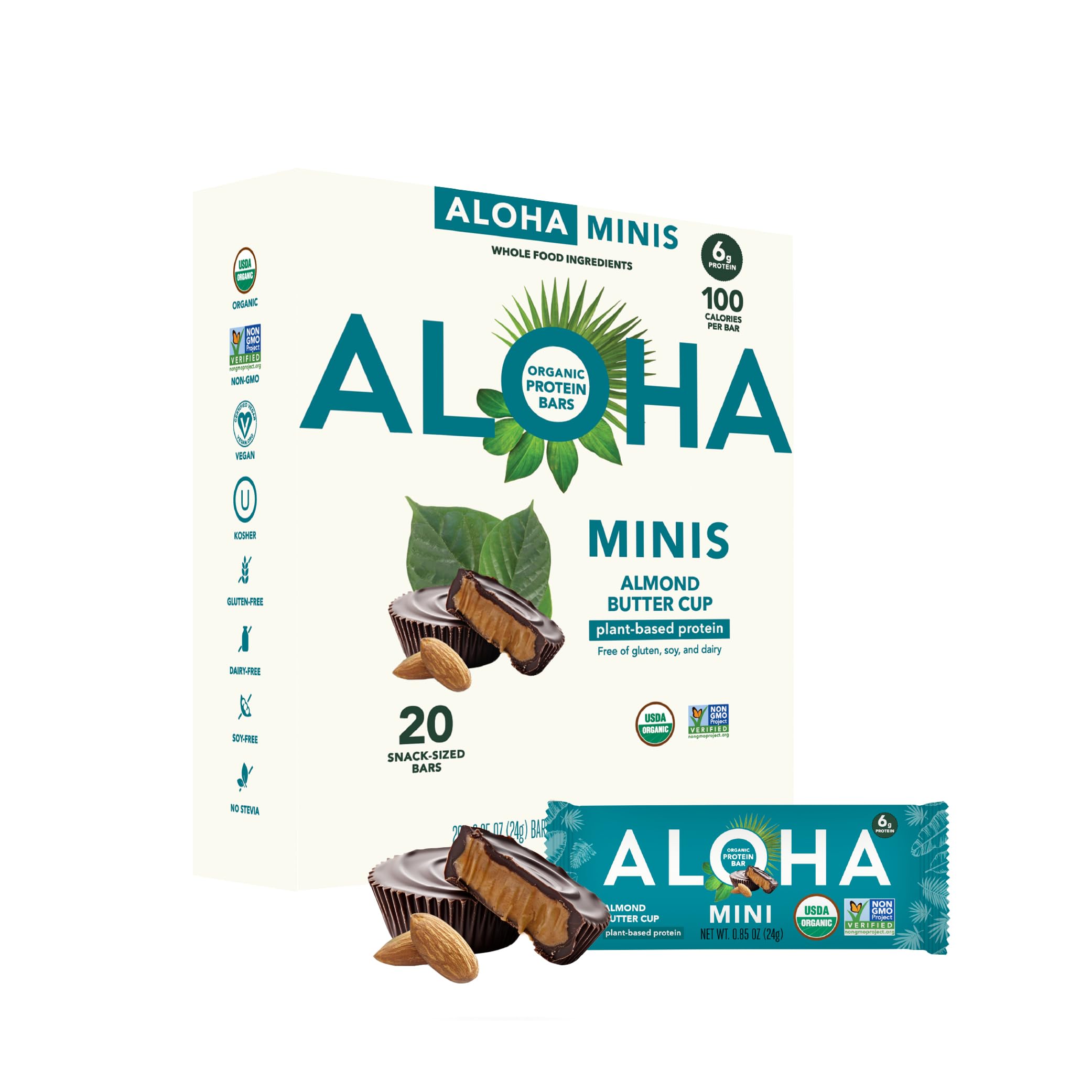 ALOHA Organic Plant Based Protein Bar MINIS | Almond Butter Cup | GLP-1 Friendly, 20 Count, 24g Bars | Vegan, Low Sugar, Gluten Free, Low Carb,