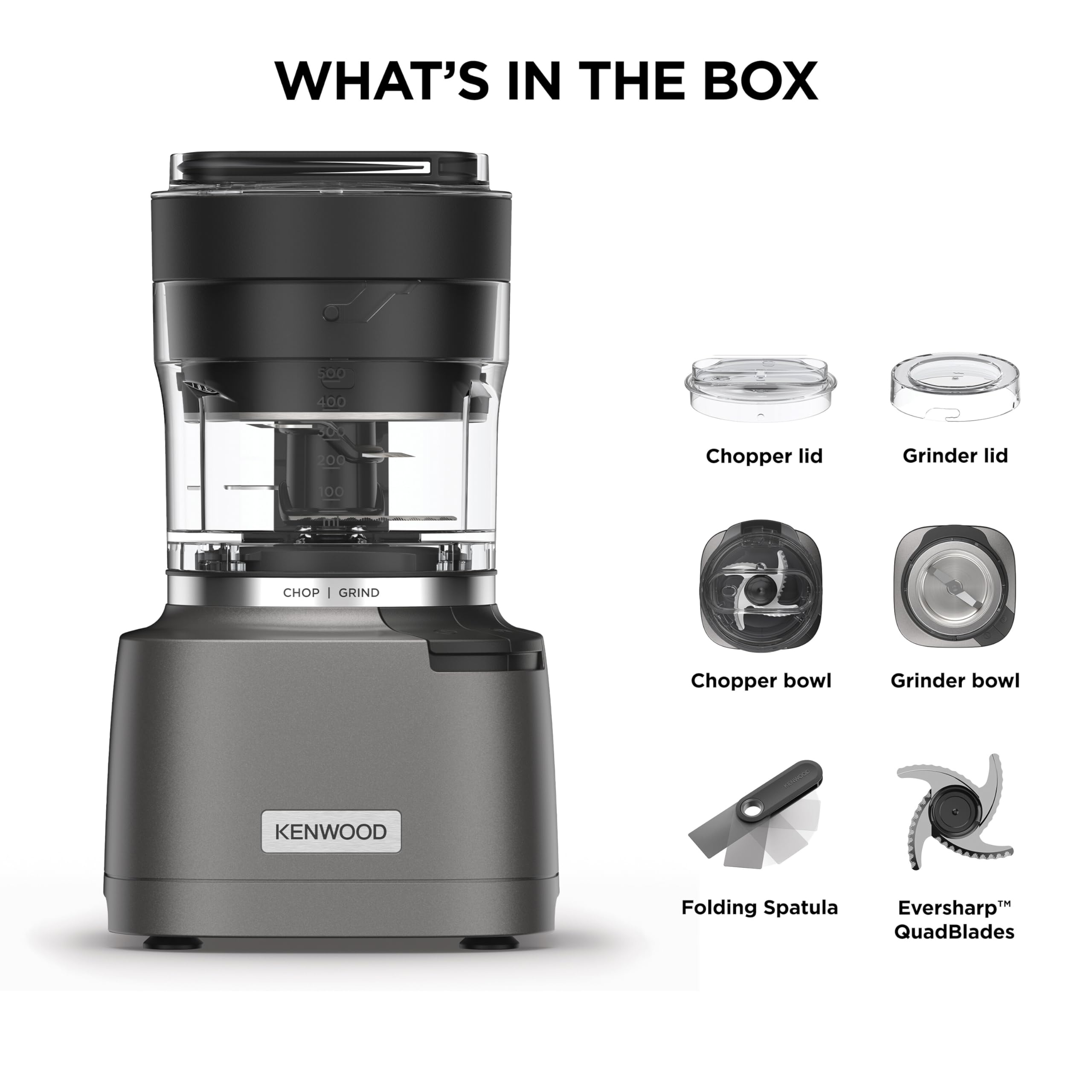 Kenwood Duo Prep CHP80.000SI modelo 2024, picadora y trituradora 2 en 1 con cuchillas Quadblades dentadas, trituradora compacta de alta velocidad, base antideslizante, lavable en lavavajillas, 800 W