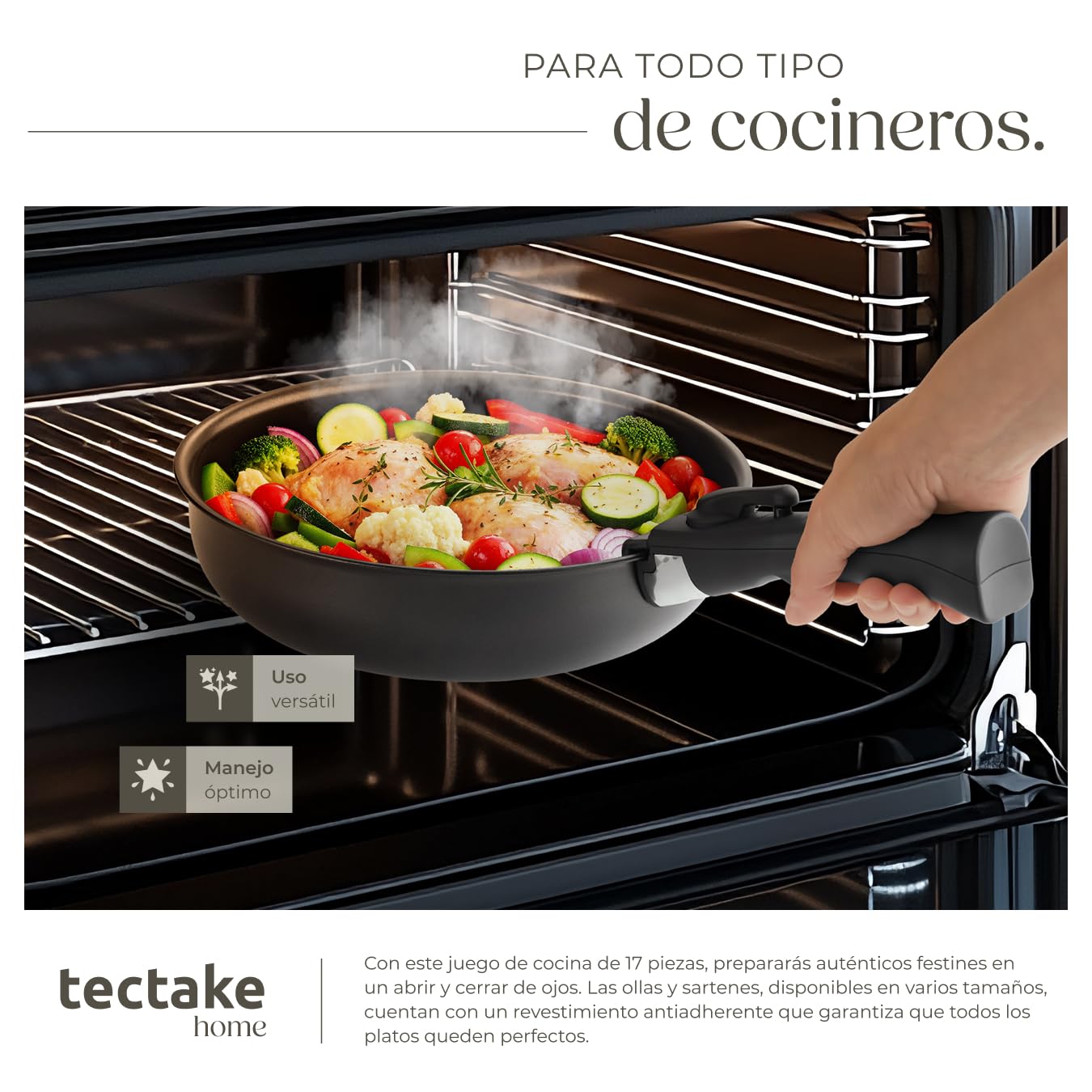 tectake® Juego de Cocina 17 Piezas, Sartenes Antiadherentes, Ollas Cocina Aptas para Inducción, Juego Sartenes con Asas Desmontables, Olla, Cacerola, Sarten - Negro