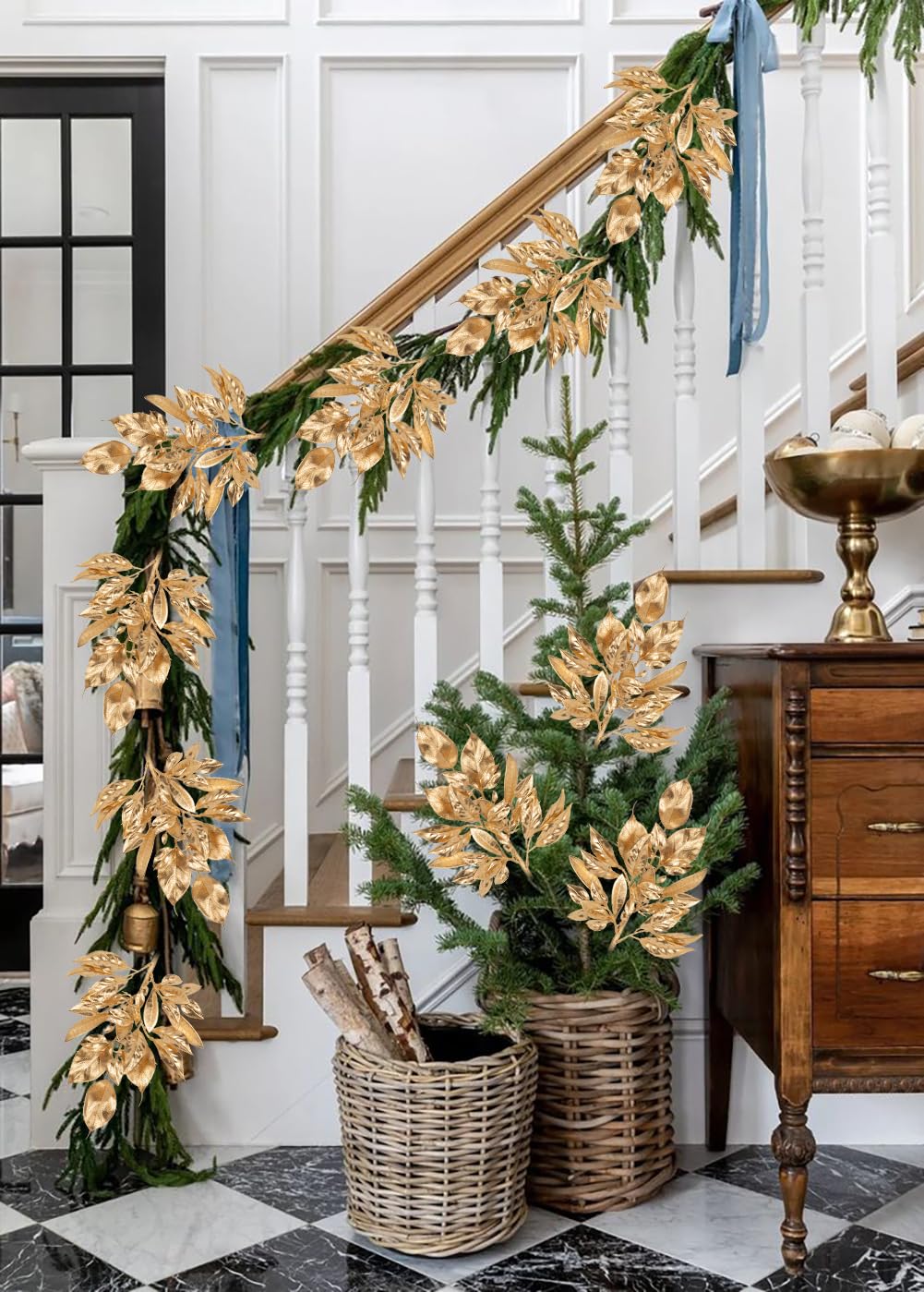 Künstliche Blätter für Weihnachtsdekoration, 50,8 cm, Metallic-Gold, künstliche Magnolie und Lorbeerblätter, künstliche tropische Blätter mit Stielen für Urlaub, Party, Dekoration, Weihnachtsmantel,