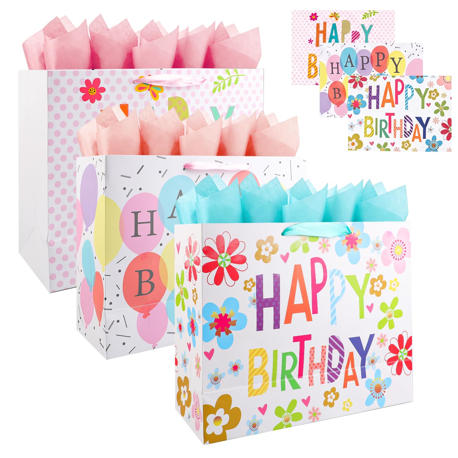Gift Bags for Presents Happy Birthday Bag Large Present Bag for Gifts Big Paper Party Bags with Tissue Paper and Greeting Card for Kids Adult Men Women 18th Party Etc 3 Pcs