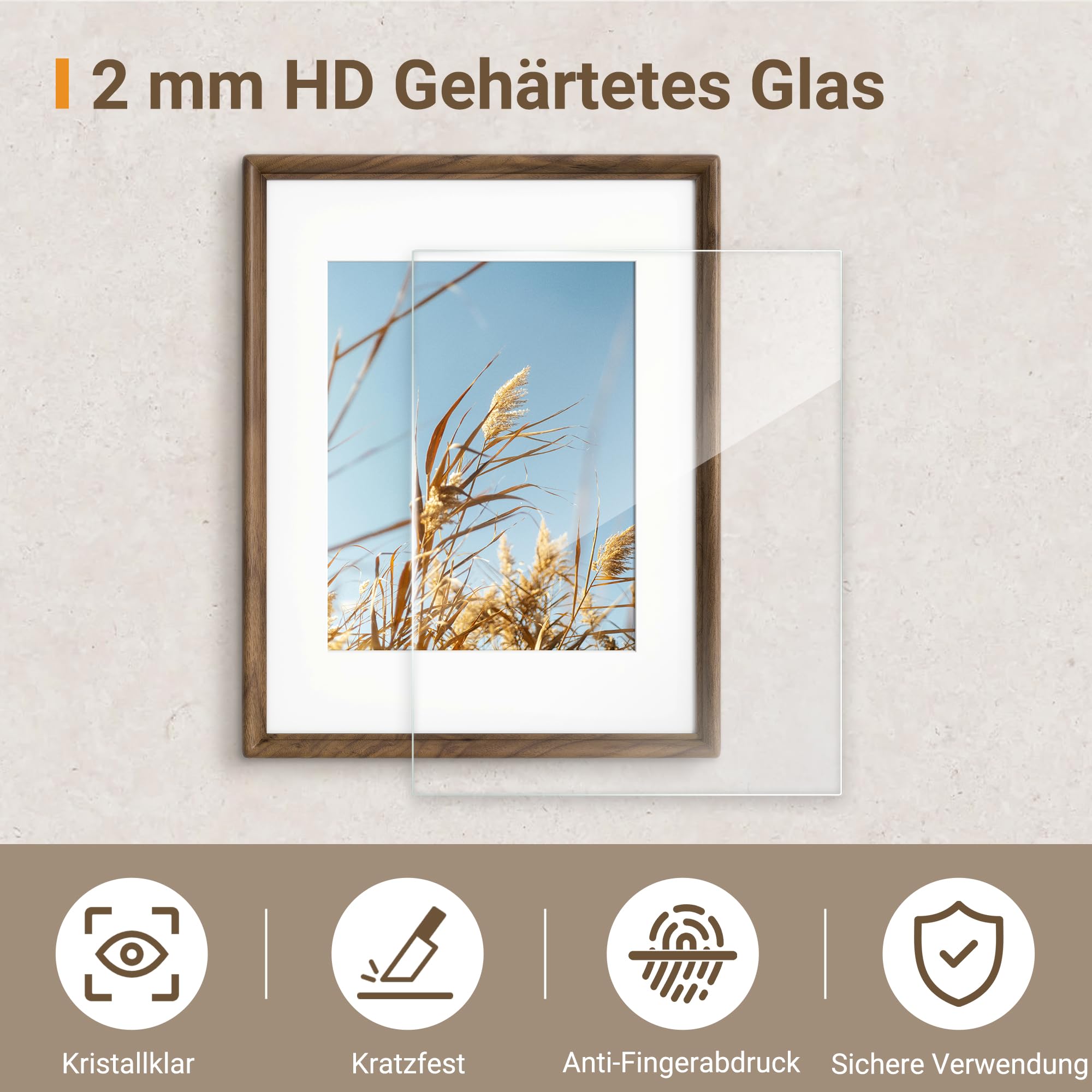 Bilderrahmen 45x60cm aus Massivholz Nussbaum, HD Gehärtetes Glas, Fotorahmen mit Passepartout für 34x49cm, Modern, Deko für Wohnzimmer & Büro, Wandmontage