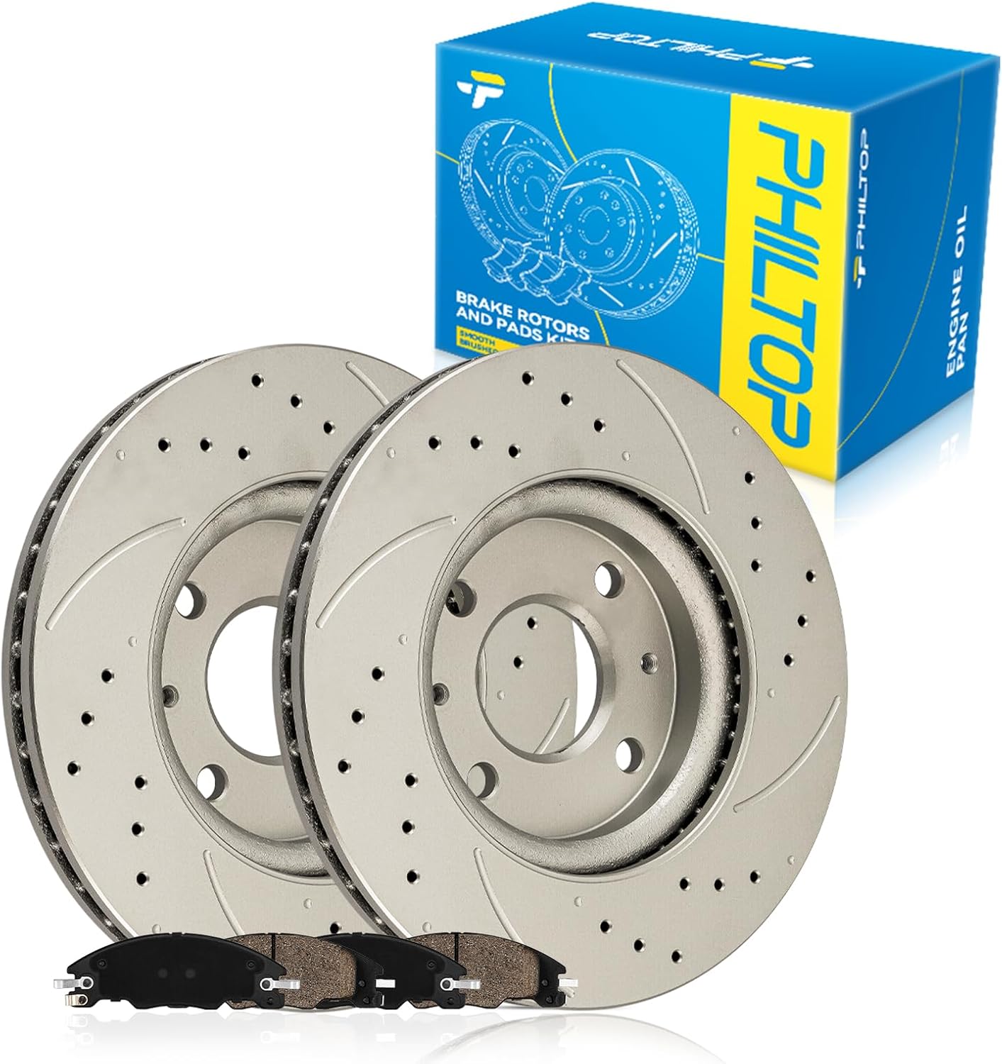 PHILTOP 54161+D1339 Front Drilled and Slotted Disc Brake Rotor and Ceramic Brake Pad Set Kit For Ford Focus 2008 2009 2010 2011, brake pads and rotors kit, 6pcs