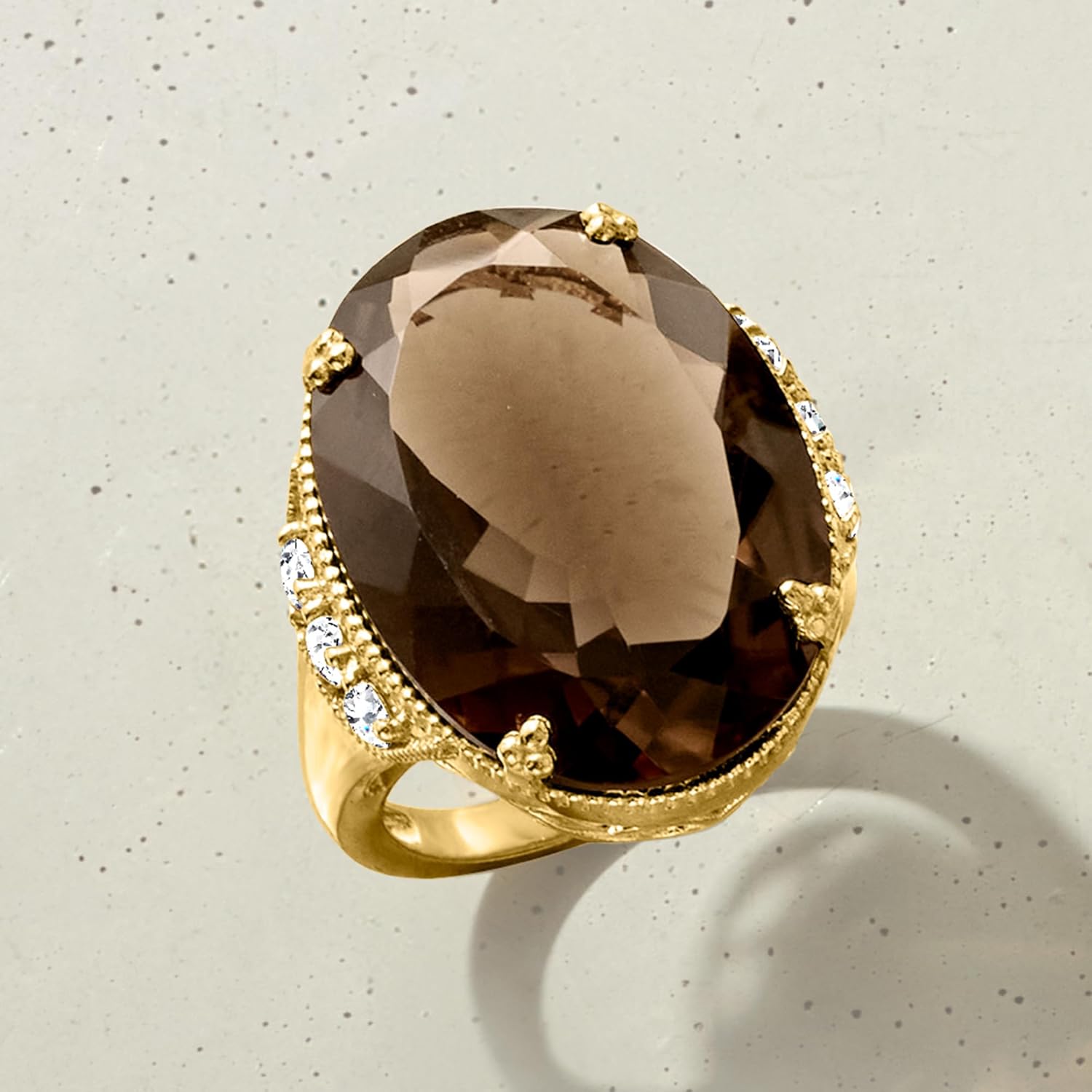 Ross-Simons 20.00 Carat Smoky Quartz and 1.60 ct. t.w. White Zircon Ring in 18kt Gold Over Sterling