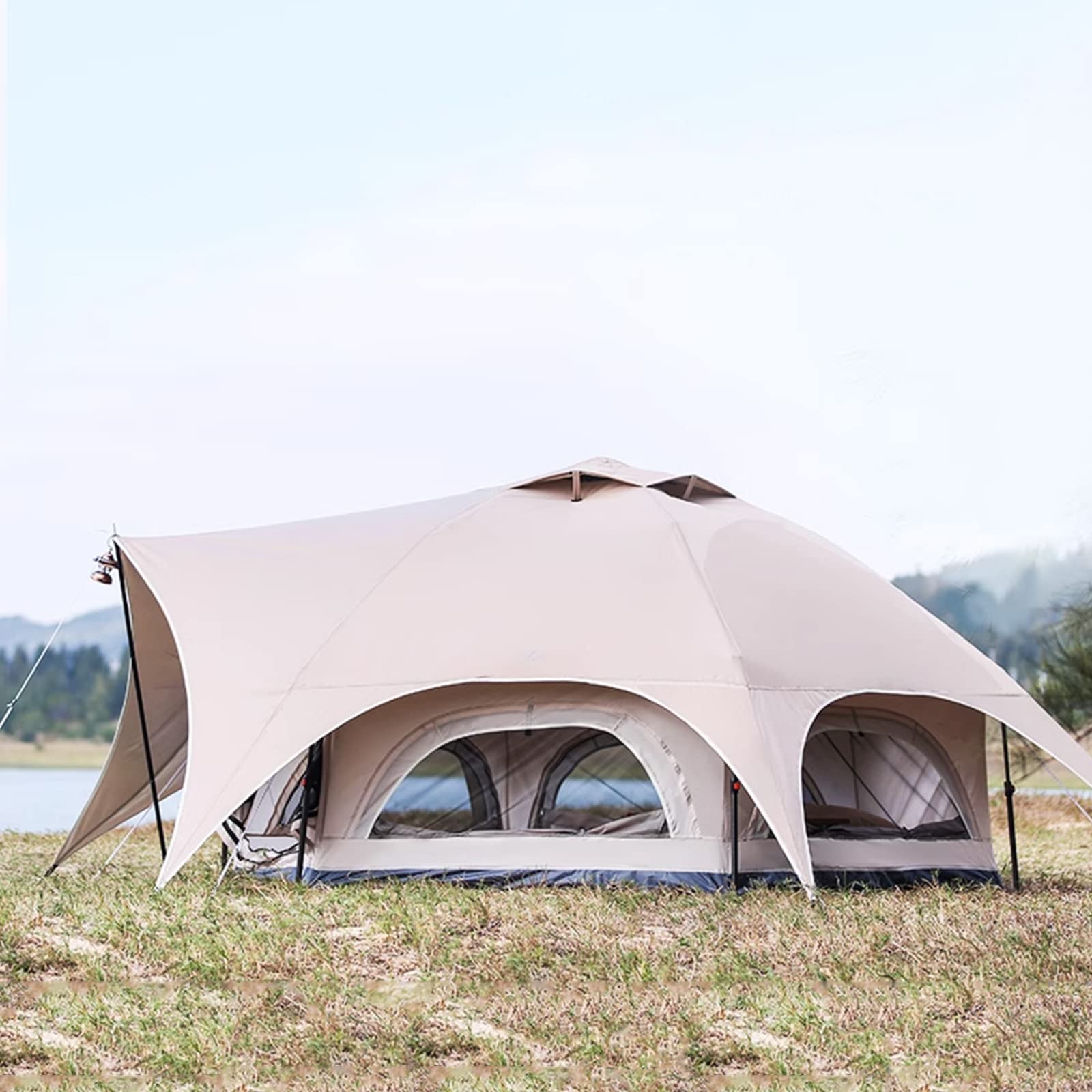 Sechseckiges Zelt mit Veranda, automatisches Pop-up-Kuppelzelt, 6-Mann-Familien-Camping-Rucksackunterstand mit Netztüren und Netzfenstern, wasserdichte 4-Jahreszeiten-Glamping-Jurtenzelte für den Sport & Freizeit