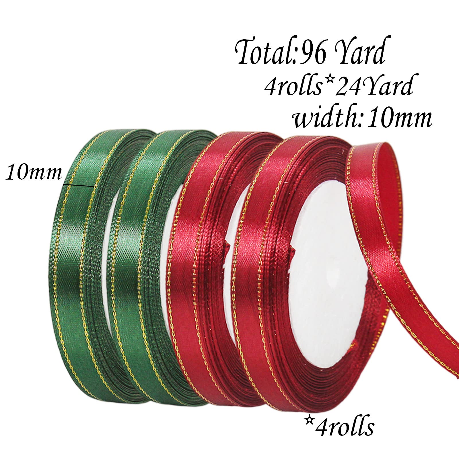 YAAVAAW 4 Rolls Burgundy Red, Dark Green Ribbon 10mm for Christmas Gift Wrapping 22M - Image 2