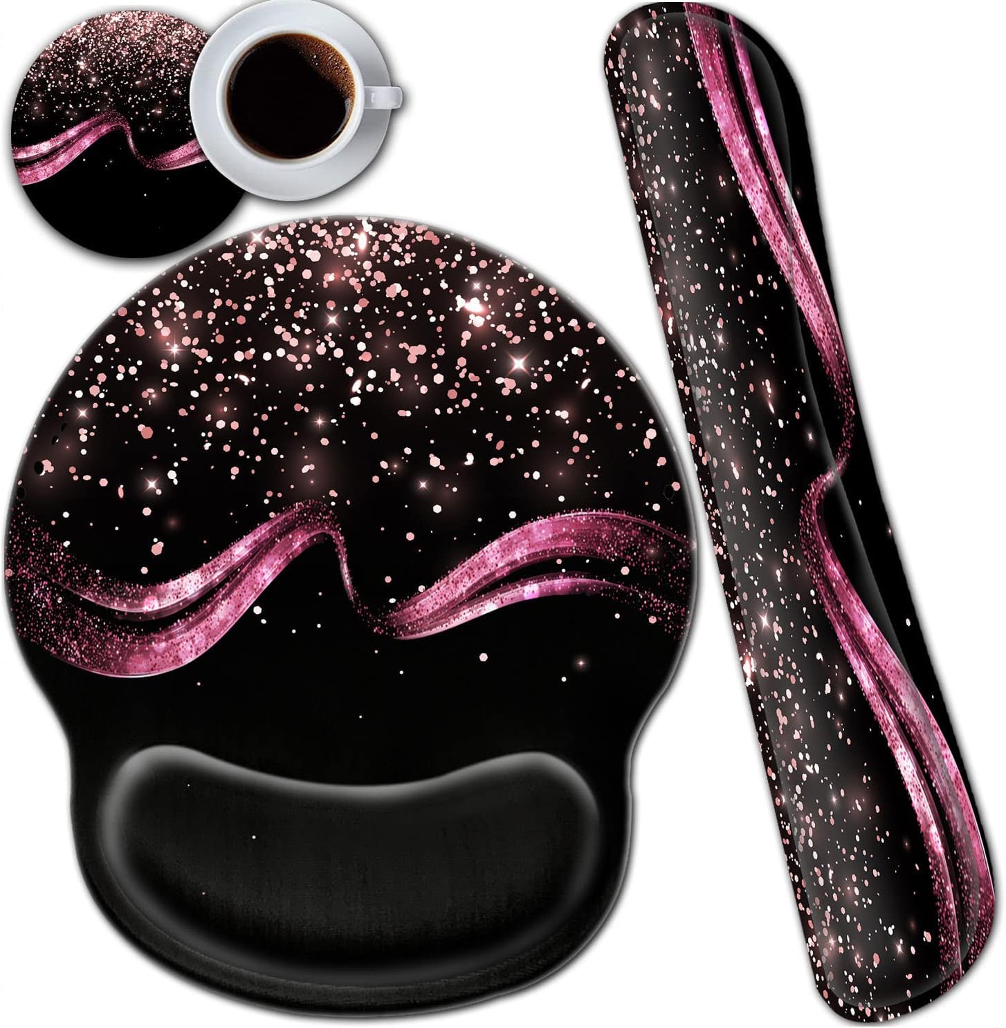 Ergonomic Black Mouse Pads, Non-Slip PU Base Mouse Mat with Gel, Memory Foam Keyboard Wrist Rest Set, for Office, Home, Easy Typing, Wireless Gaming Rose Gold Sparkle Pattern Office Desk Pad