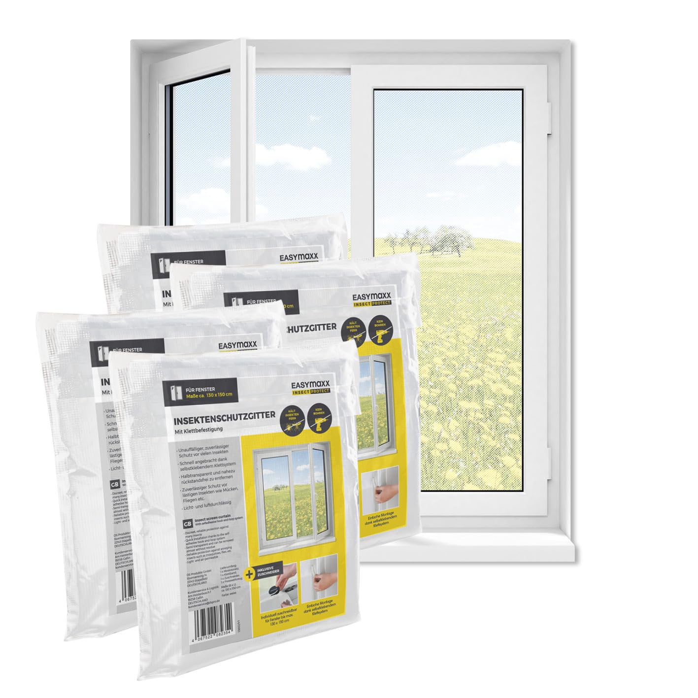 EASYmaxx Fliegengitter Fenster | Moskitonetz, Montage ohne Bohren | zuschneidbarer Insektenschutz Fenster bis 130 x 150 cm | Mückenschutz | Fliegennetz Klettband selbstklebend [4 Stück]