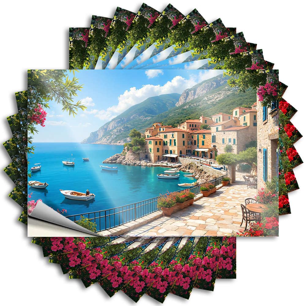 A Picturesque Coastal Town with Colorful Buildings, Boats in The Harbor, and Funky Guest - Decals Garage Removable Vinyl Decal(8X12CM)