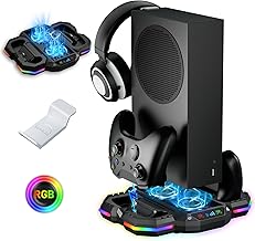 Charging Station & Cooling Stand for Xbox Series S with RGB Light Strip, RTTACRTT Cooling Fan and Fast Dual Charger Dock Cooler Fan, Cooling System with 13 Lights, Headphone Stand and USB Port (Black)