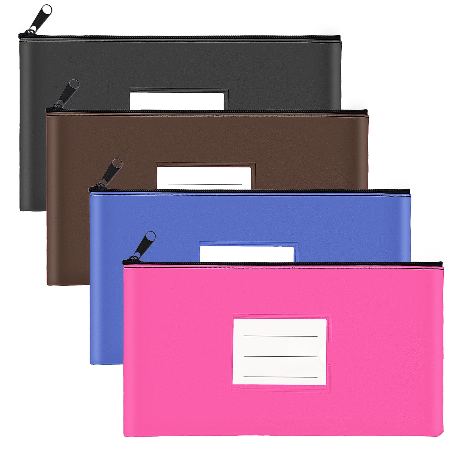 4-Pack Bank Deposit Money Bags with Zipper, 11 x 6 Inches, PU Leather Cash Pouches with Label, for Coins, Cosmetics, Bills, Tools, Hot Pink & Blue &