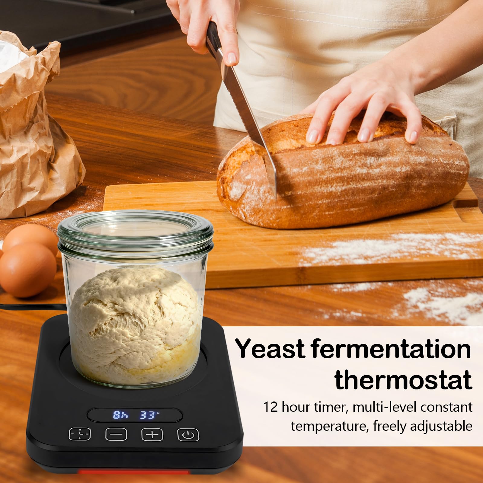 Calentador de Masa Madre, Termostato de Fermentación de Levadura de 36 W con Control de Temperatura Preciso de 20-38 ° C, Temporizador de 12 Horas y Función de Encendido/Apagado Automático