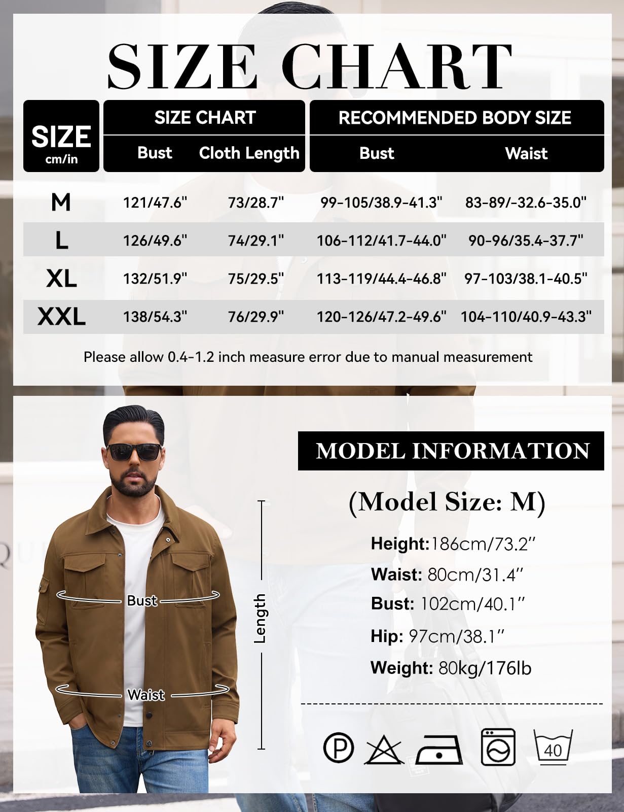 TOMEEK Chaqueta Hombre Entretiempo Casual Impermeable Botón Chaqueta de Aviador Cargo Clásico Primavera Verano Cazadora Ligera con Múltiples Bolsillos