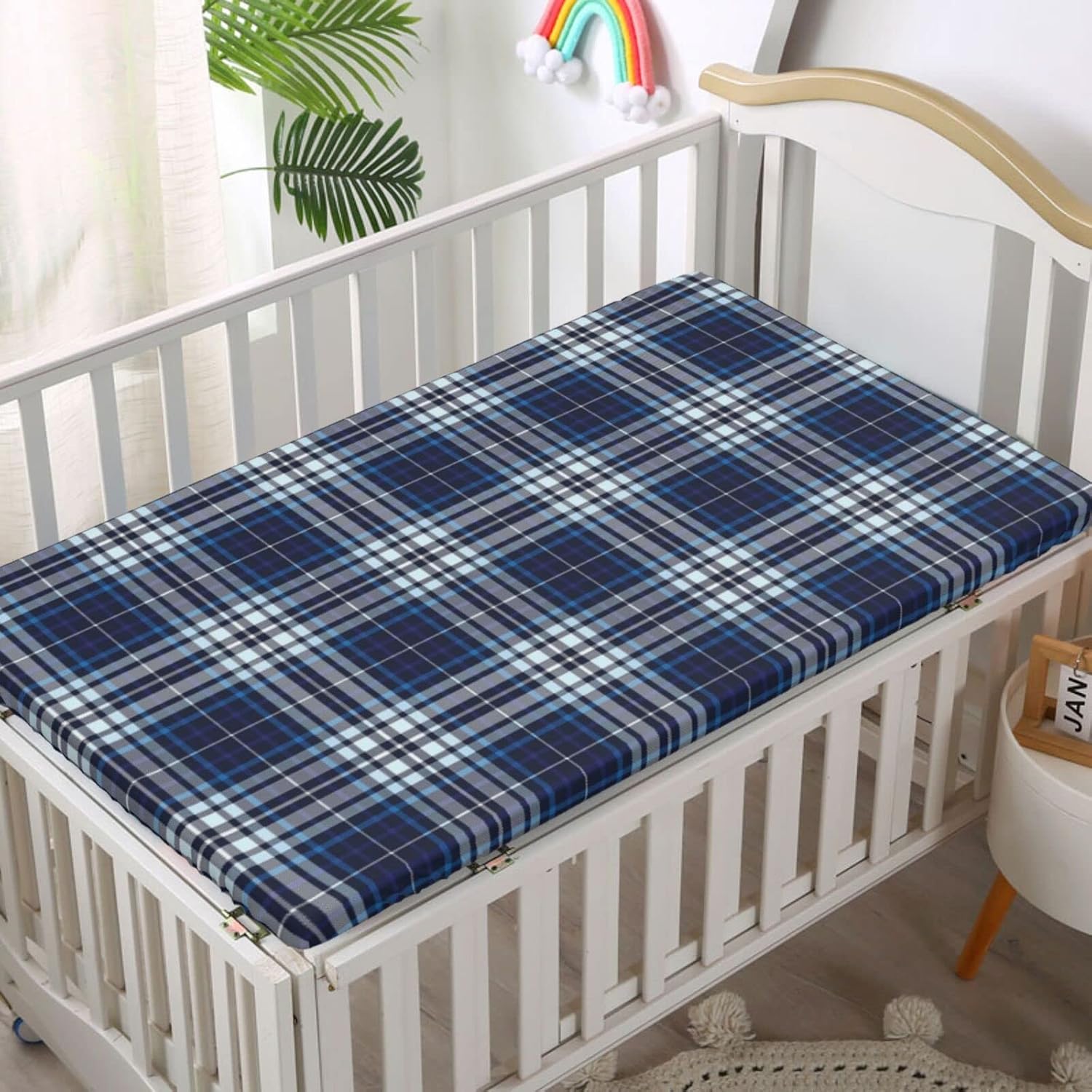Navy Plaid Themed Fitted Crib Sheet,Standard Crib Mattress Fitted Sheet Soft and Breathable Bed Sheets-Baby Sheet for Boys Girls,28“ x52“,Sea Blue Baby Blue Dark Night Blue