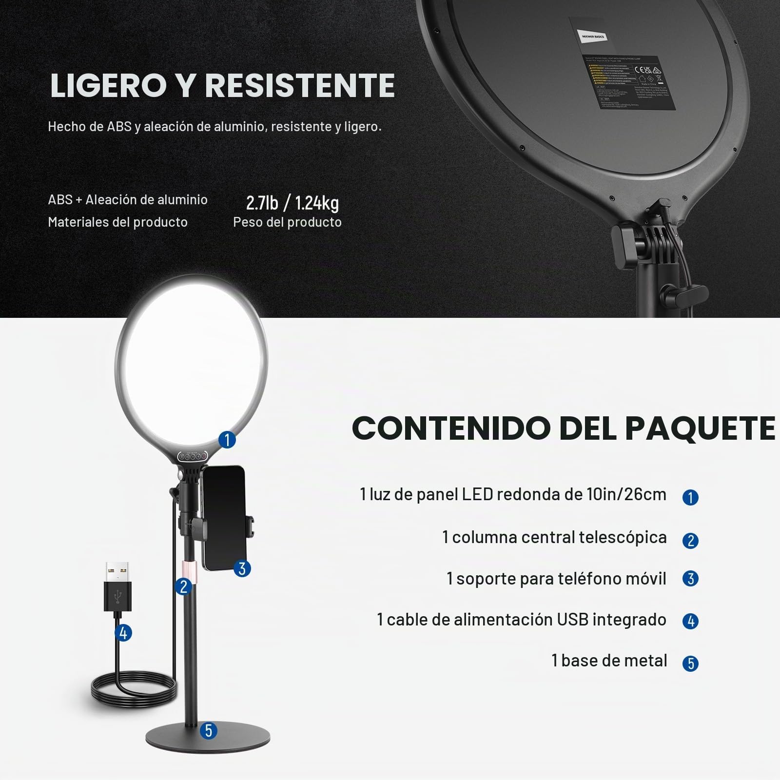 NEEWER Básico 10.5" Aro Luz Escritorio con Soporte/Movil Holder/Timer Foco Completo 15W Regulable Selfie para iPhone Grabar Streaming Webcam Portátil Videoconferencia Fotografia, USB A Power SOLO, R10