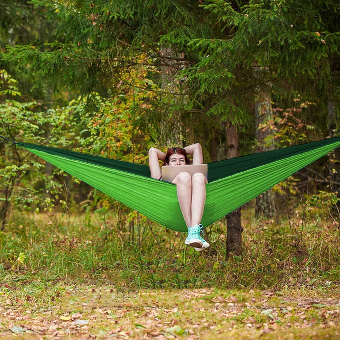 Camping Hammock Double with 2 Tree Straps Made of Portable Lightweight Nylon Parachute for Backpacking,Travel,Beach,Yard and Outdoor Survival (Green) : Patio, Lawn & Garden