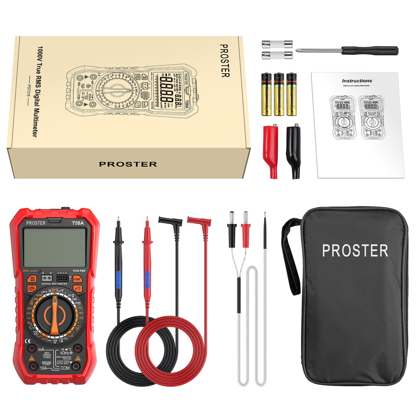 Proster Profesjonalny multimetr cyfrowy - 9999 zliczeń True RMS elektryczny multimetr tester obwodu z ręcznym zakresem, napięciem AC/DC i prądem, pojemnością, temperaturą, testem NCV, LOZ i HFE
