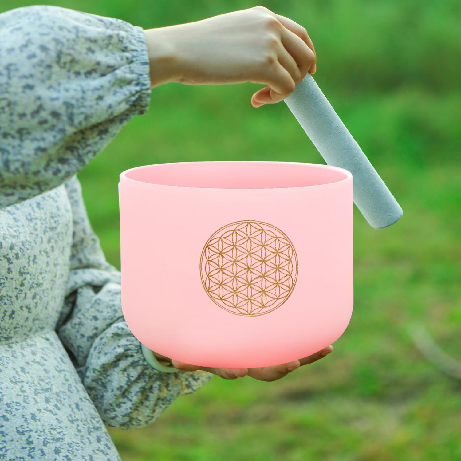 Hye-eun Cuenco tibetano de cristal rosa 528 Hz C Note flor de la vida cuenco cantante cuenco de cuarzo cuenco tibetano meditación chakra coordinado sanación sonido con bolsa de transporte