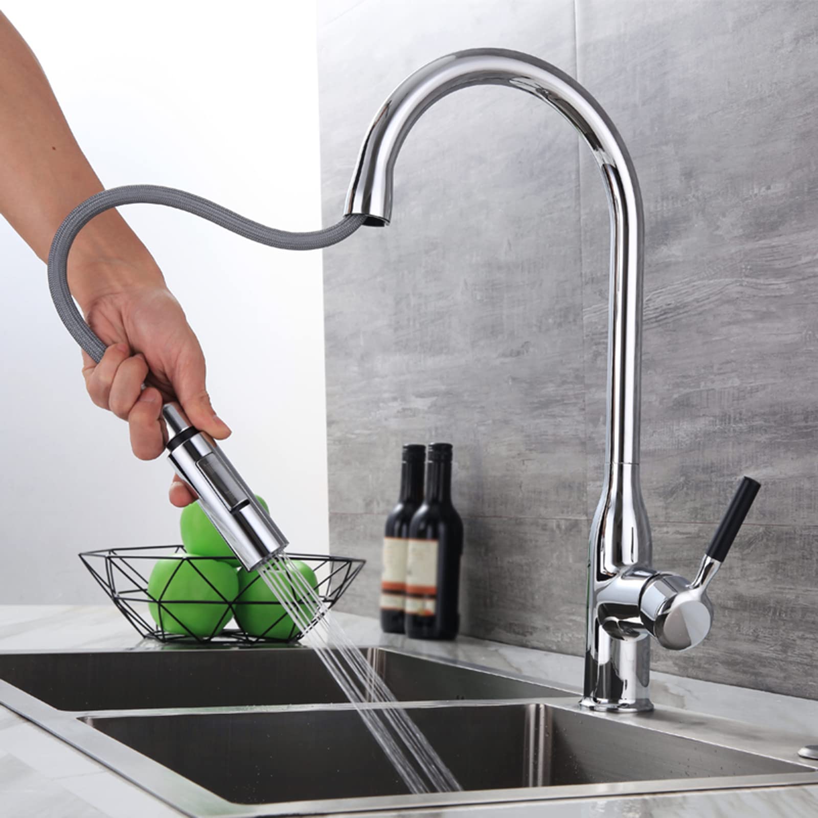 ZQFHSX Kitchen Mixer Tap with Spray, Brass Hot and Cold Water Swivel Chrome Sink Faucet